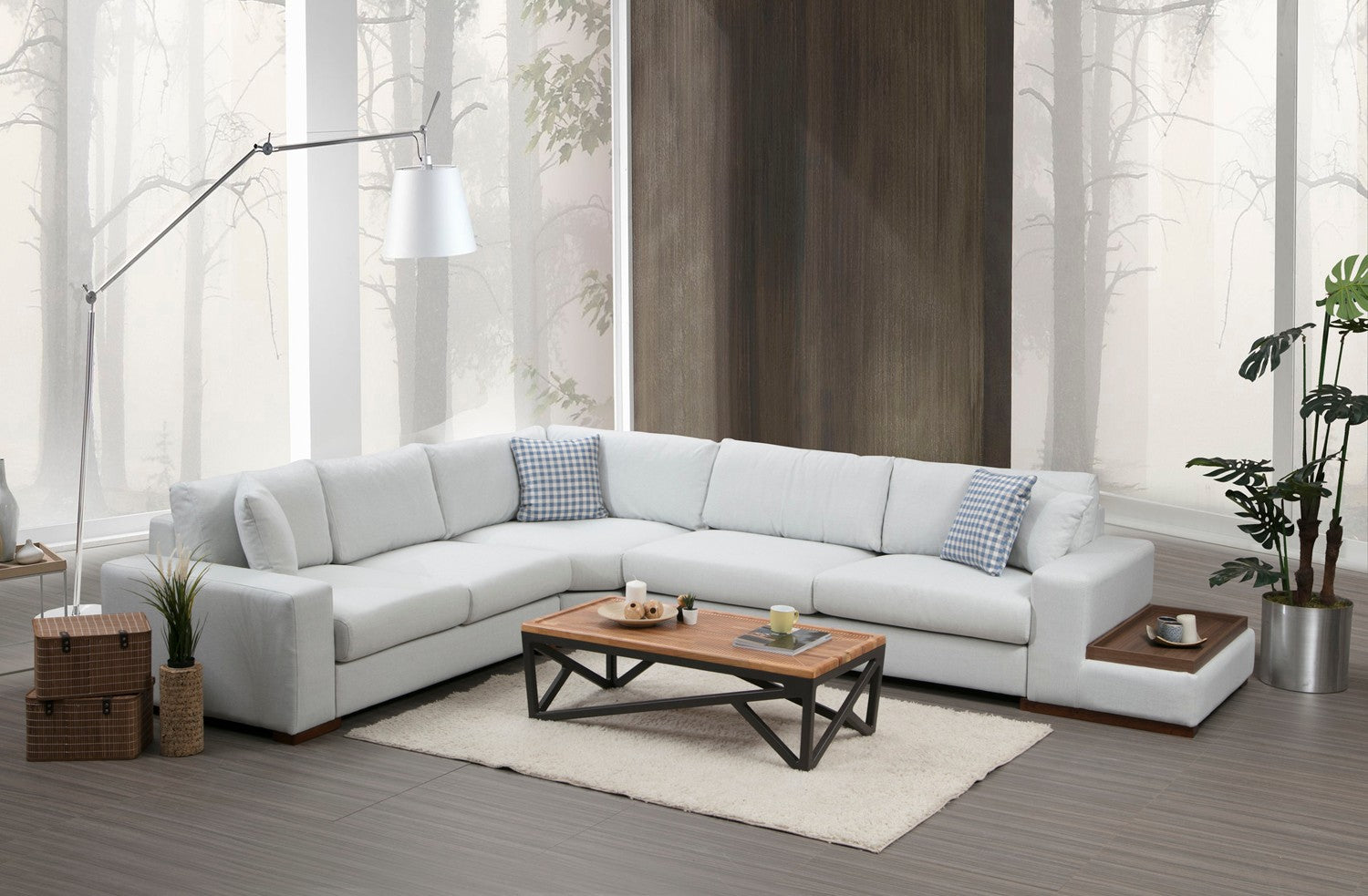 Sofá de canto elegante com estrutura de madeira de faia, 282 x 363 cm, 100% poliéster, pernas de nogueira, inclui 4 almofadas, perfeito para decoração escandinava e de hotel