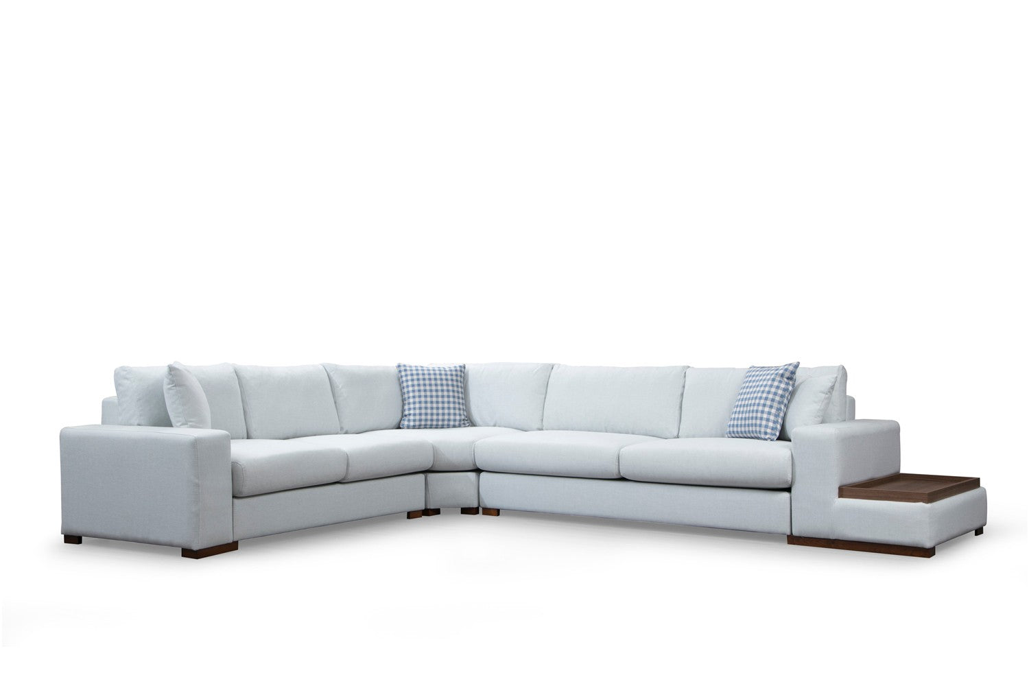 Sofá de canto elegante com estrutura de madeira de faia, 282 x 363 cm, 100% poliéster, pernas de nogueira, inclui 4 almofadas, perfeito para decoração escandinava e de hotel