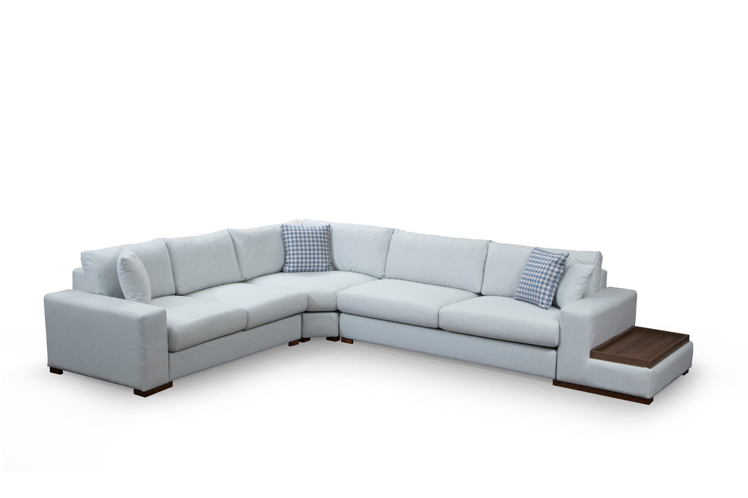 Sofá de canto elegante com estrutura de madeira de faia, 282 x 363 cm, 100% poliéster, pernas de nogueira, inclui 4 almofadas, perfeito para decoração escandinava e de hotel