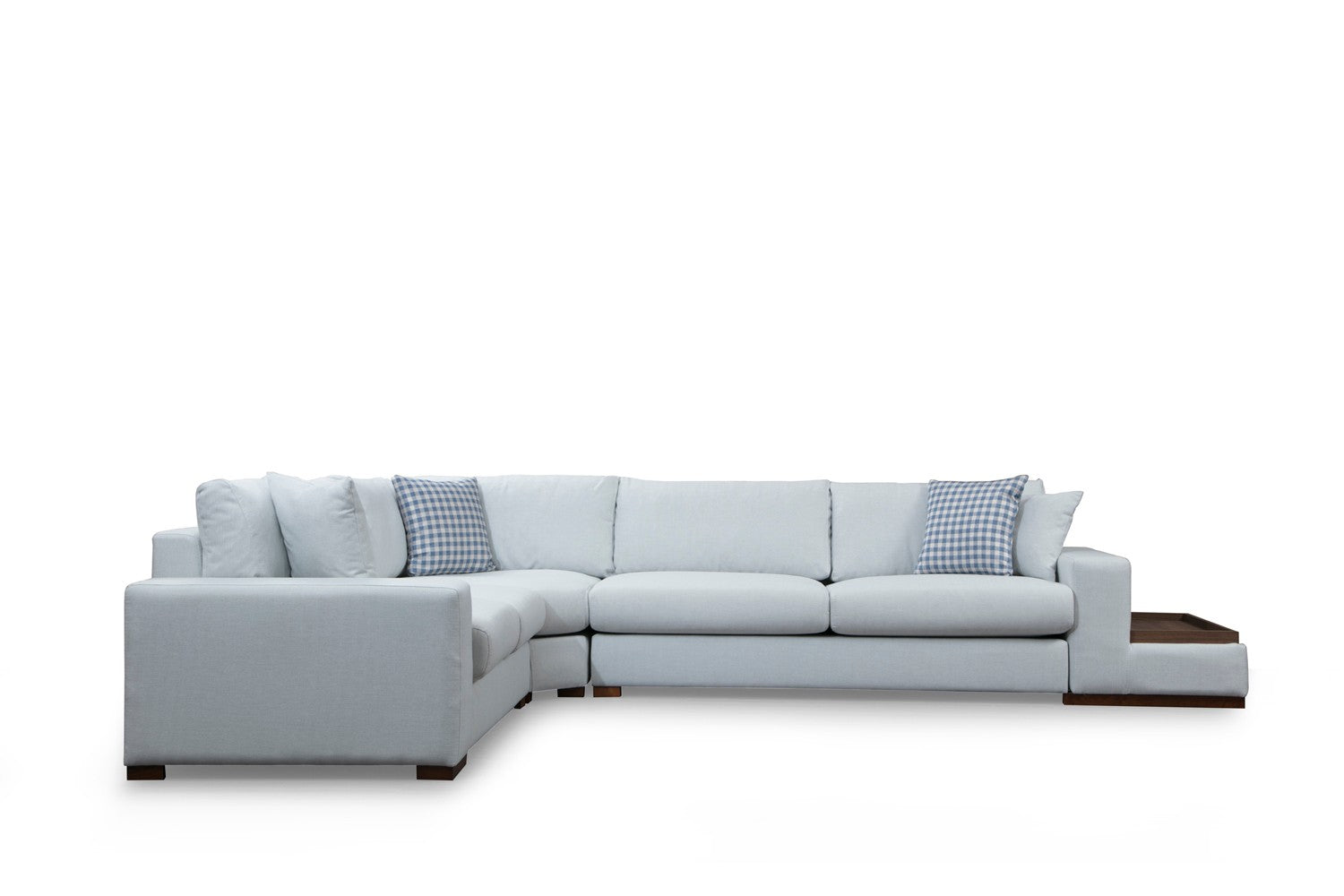 Sofá de canto elegante com estrutura de madeira de faia, 282 x 363 cm, 100% poliéster, pernas de nogueira, inclui 4 almofadas, perfeito para decoração escandinava e de hotel