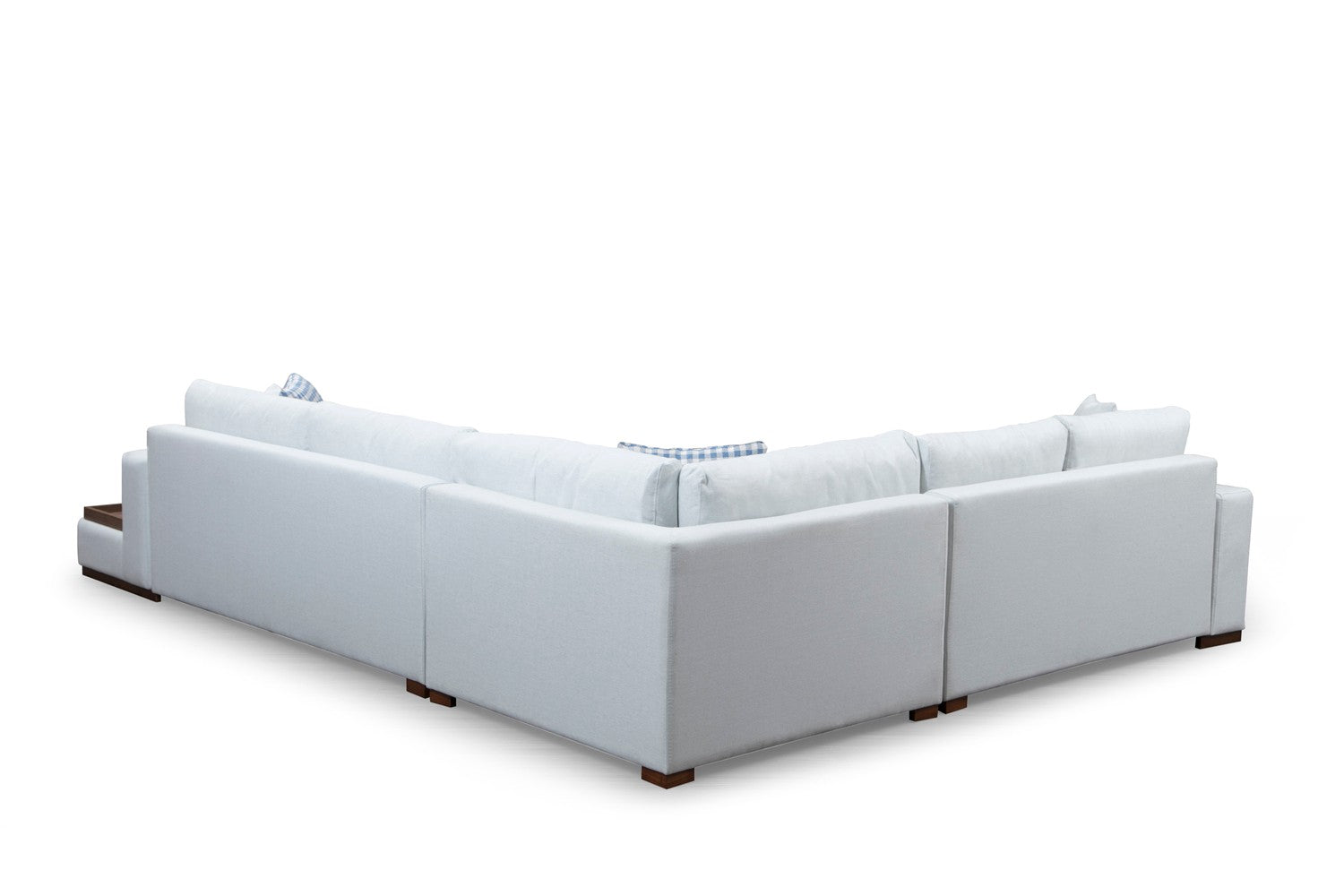 Sofá de canto elegante com estrutura de madeira de faia, 282 x 363 cm, 100% poliéster, pernas de nogueira, inclui 4 almofadas, perfeito para decoração escandinava e de hotel