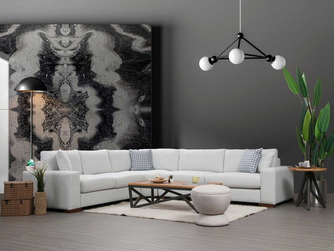 Sofá de canto elegante, estrutura de madeira de faia e aglomerado, 282 x 322 cm, 100% poliéster, almofadas portáteis, pernas de nogueira, design escandinavo, branco/bege