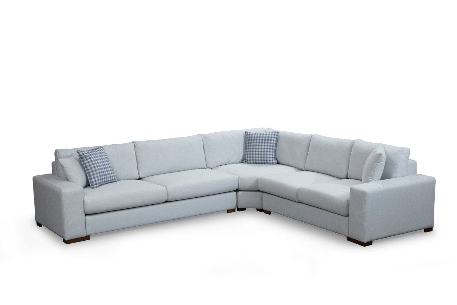 Sofá de canto elegante, estrutura de madeira de faia e aglomerado, 282 x 322 cm, 100% poliéster, almofadas portáteis, pernas de nogueira, design escandinavo, branco/bege