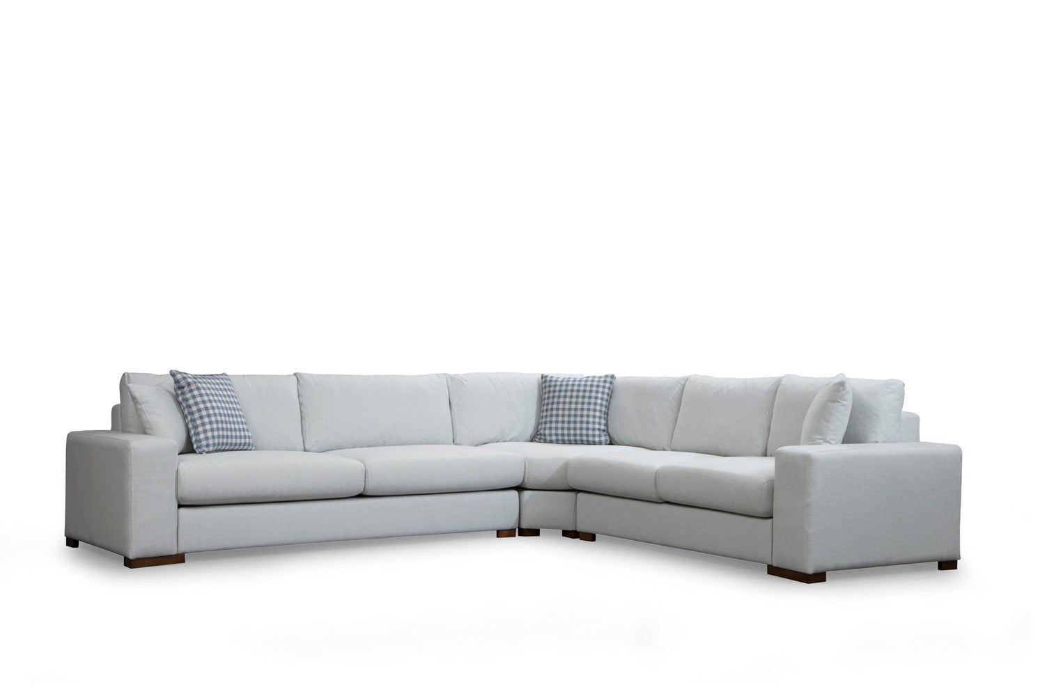 Sofá de canto elegante, estrutura de madeira de faia e aglomerado, 282 x 322 cm, 100% poliéster, almofadas portáteis, pernas de nogueira, design escandinavo, branco/bege