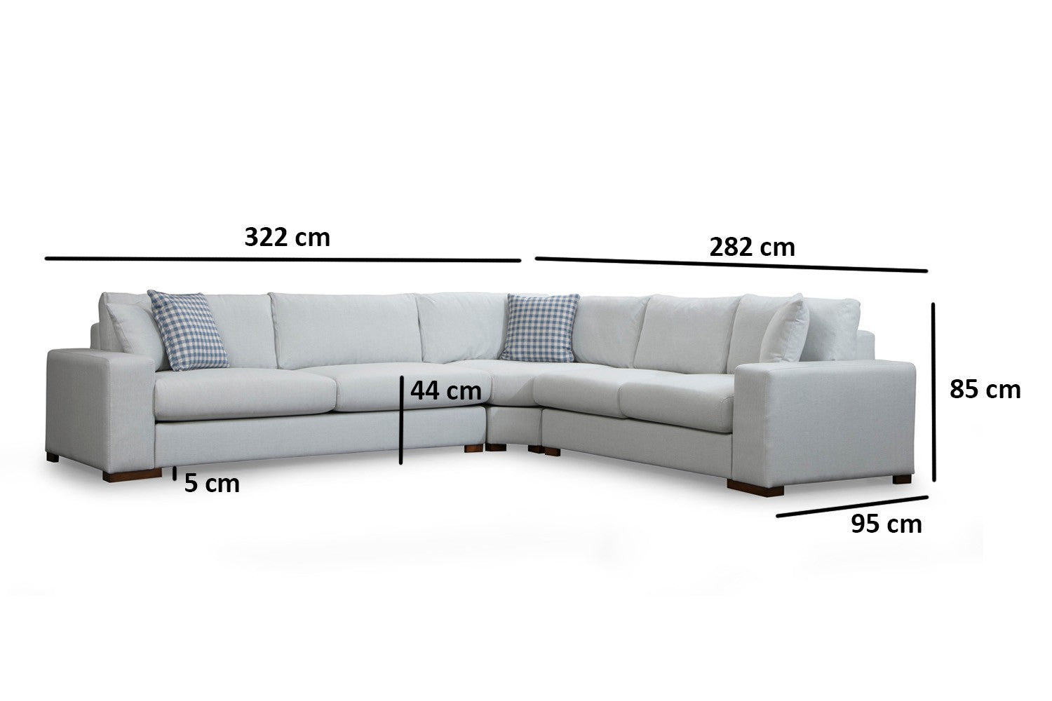 Sofá de canto elegante, estrutura de madeira de faia e aglomerado, 282 x 322 cm, 100% poliéster, almofadas portáteis, pernas de nogueira, design escandinavo, branco/bege