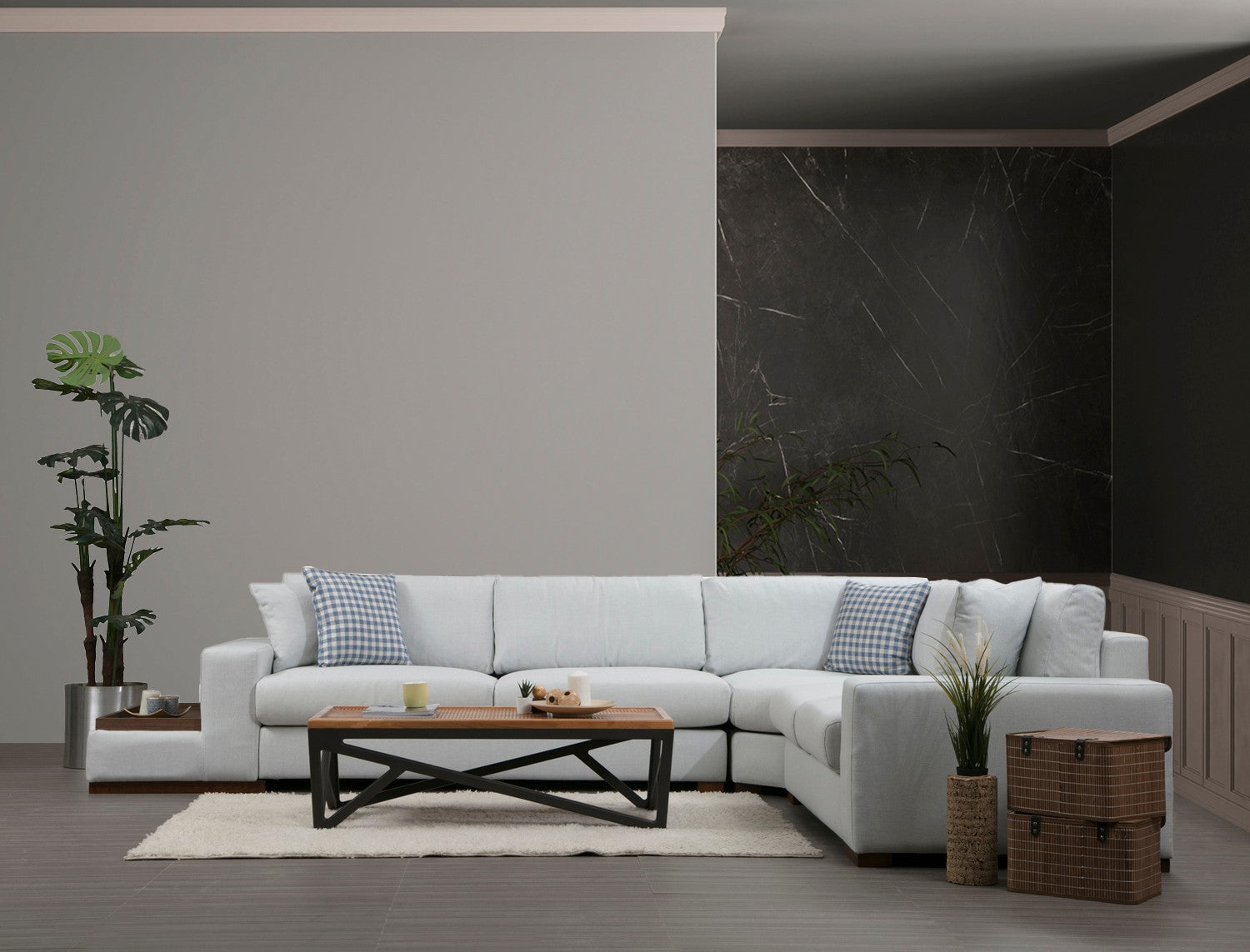 Sofá de canto elegante com estrutura de madeira de faia, 282 x 363 cm, 100% poliéster, pernas de nogueira, inclui 4 almofadas, perfeito para decoração escandinava e de hotel