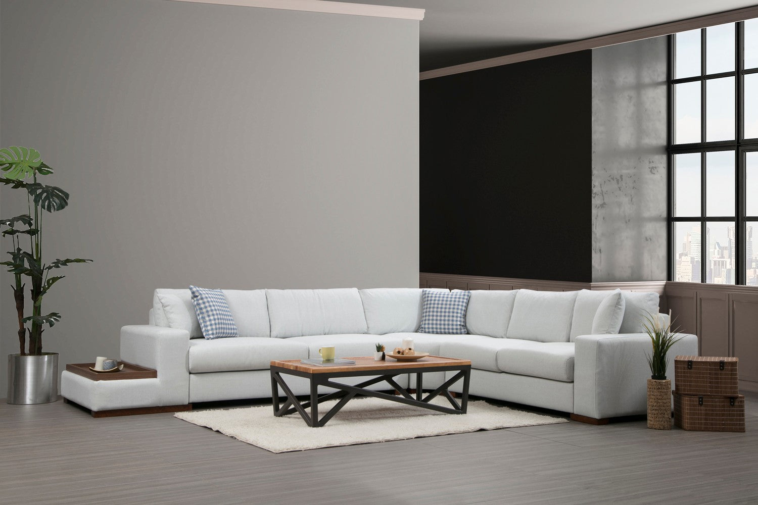 Sofá de canto elegante com estrutura de madeira de faia, 282 x 363 cm, 100% poliéster, pernas de nogueira, inclui 4 almofadas, perfeito para decoração escandinava e de hotel