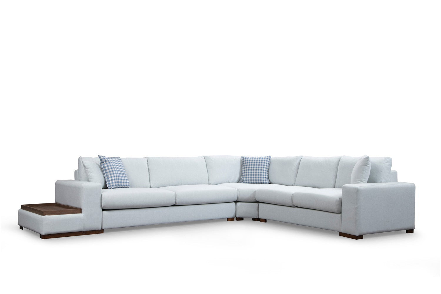 Sofá de canto elegante com estrutura de madeira de faia, 282 x 363 cm, 100% poliéster, pernas de nogueira, inclui 4 almofadas, perfeito para decoração escandinava e de hotel