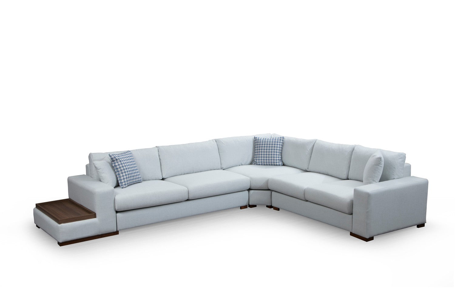 Sofá de canto elegante com estrutura de madeira de faia, 282 x 363 cm, 100% poliéster, pernas de nogueira, inclui 4 almofadas, perfeito para decoração escandinava e de hotel