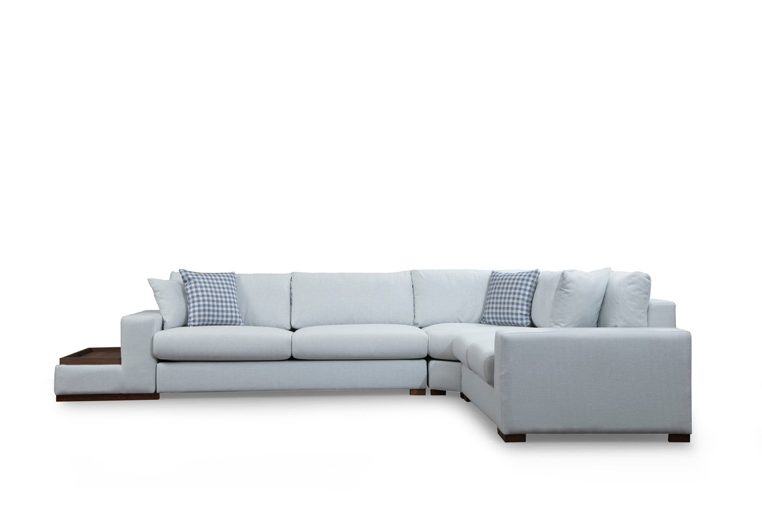 Sofá de canto elegante com estrutura de madeira de faia, 282 x 363 cm, 100% poliéster, pernas de nogueira, inclui 4 almofadas, perfeito para decoração escandinava e de hotel