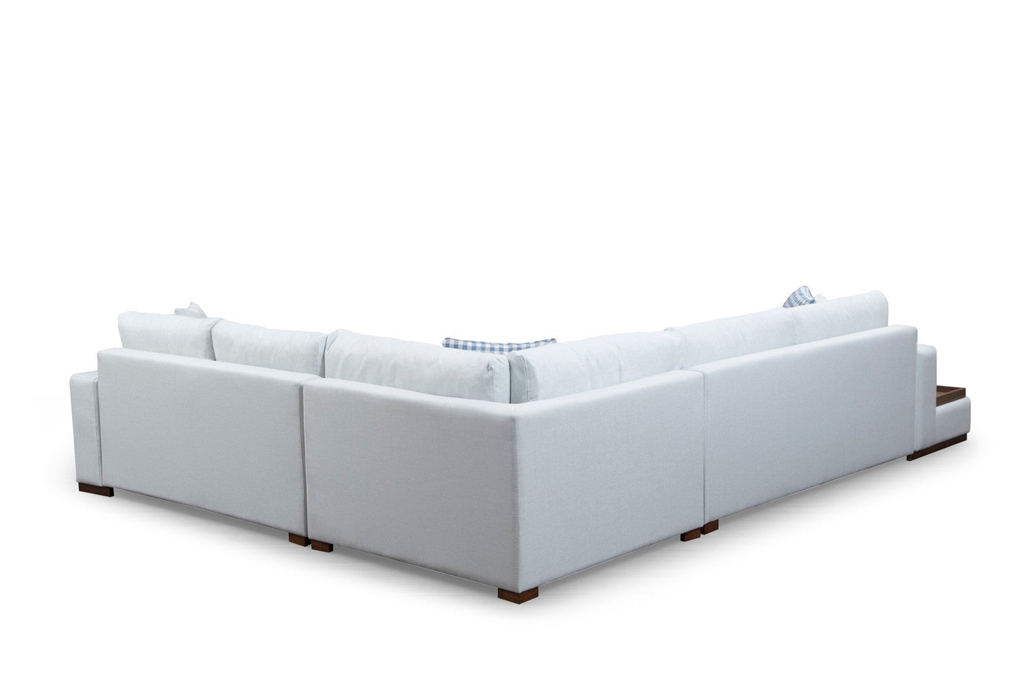 Sofá de canto elegante com estrutura de madeira de faia, 282 x 363 cm, 100% poliéster, pernas de nogueira, inclui 4 almofadas, perfeito para decoração escandinava e de hotel