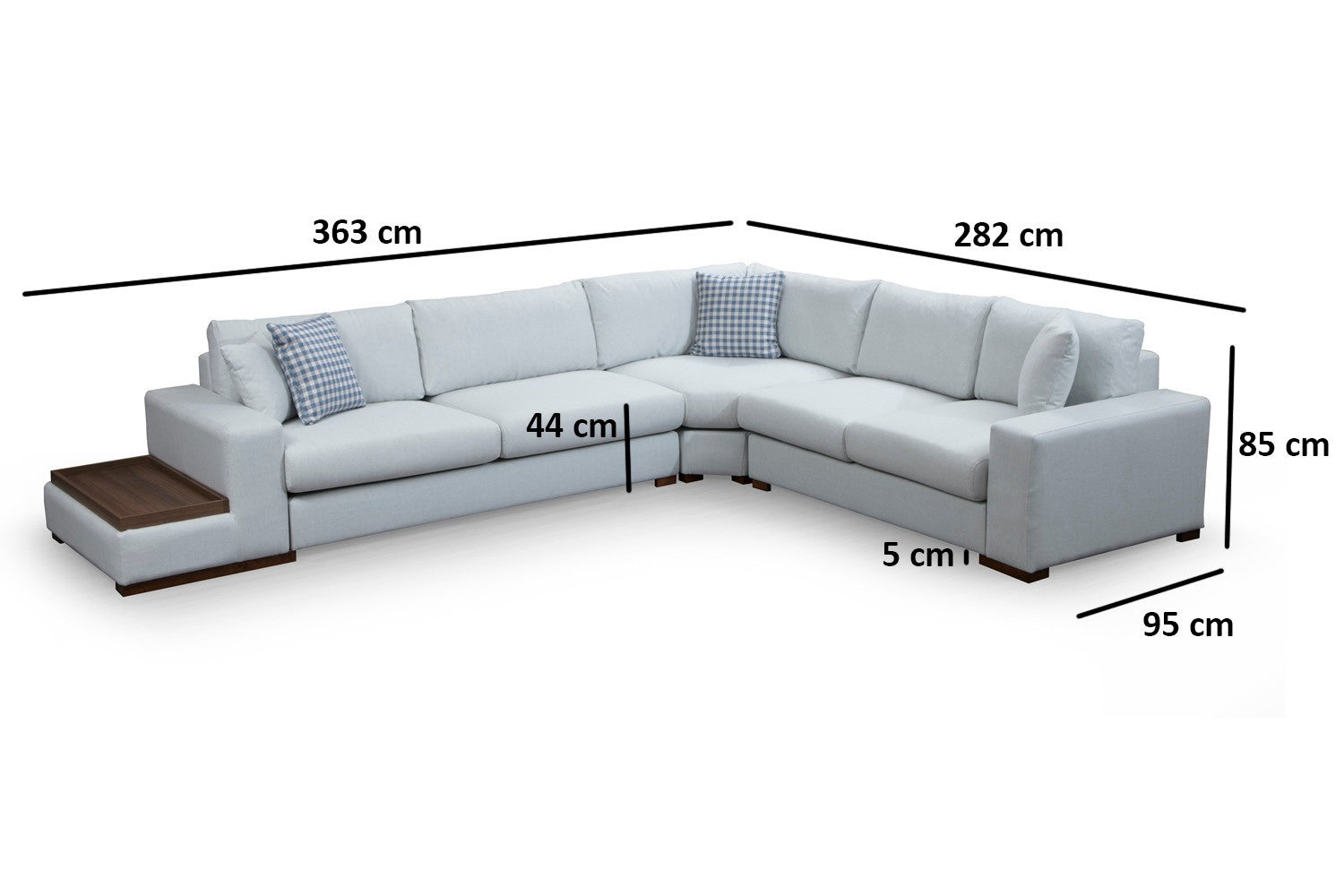 Sofá de canto elegante com estrutura de madeira de faia, 282 x 363 cm, 100% poliéster, pernas de nogueira, inclui 4 almofadas, perfeito para decoração escandinava e de hotel
