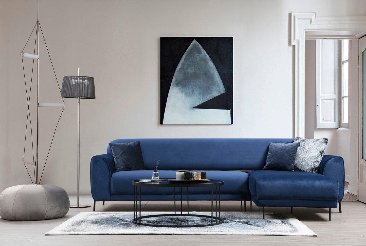 Sofá-cama de canto elegante em azul-marinho, estrutura de madeira de faia e aglomerado, 287 x 169 cm | 100% poliéster, espuma de mola de 10 cm, design industrial moderno