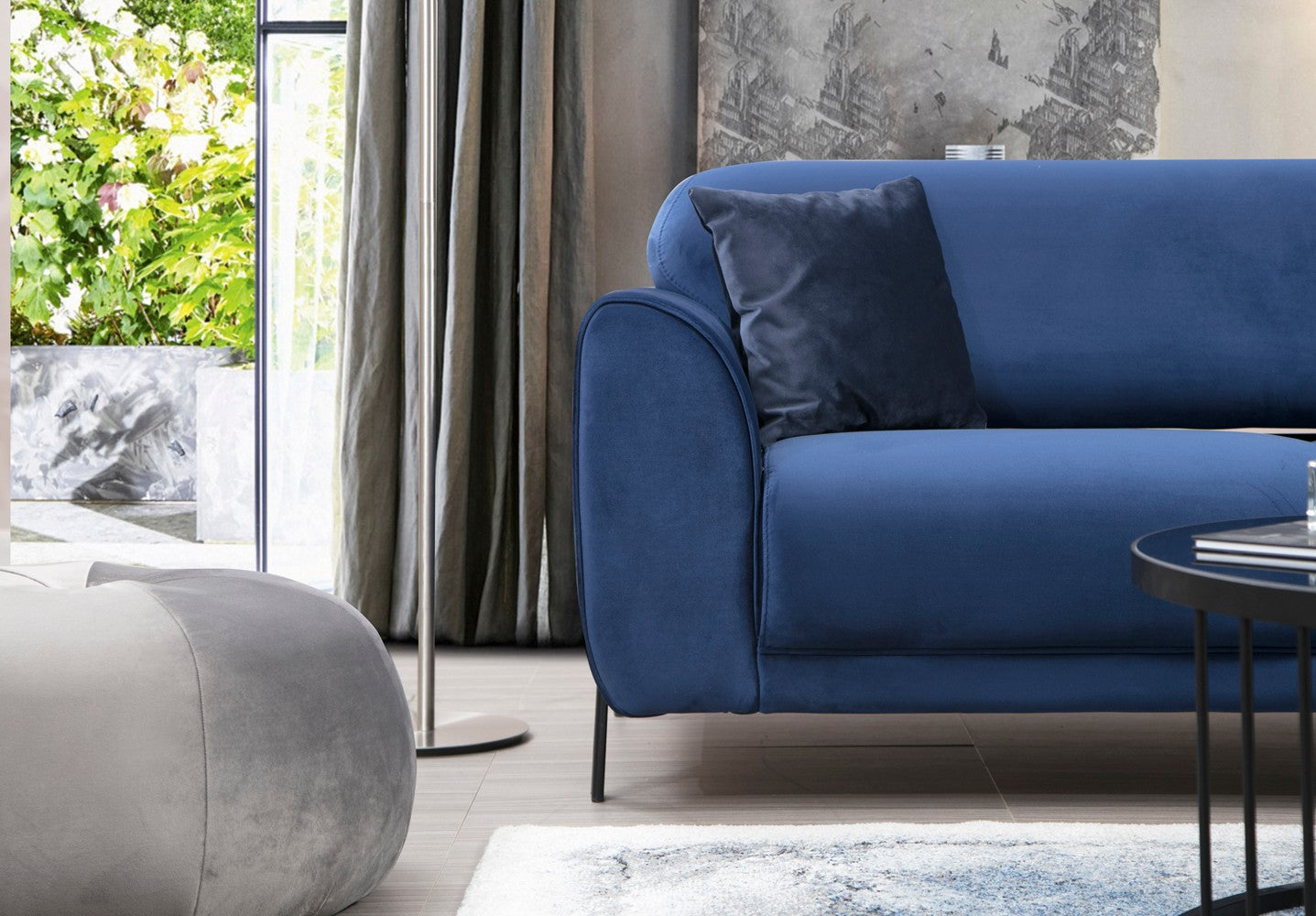 Sofá-cama de canto elegante em azul-marinho, estrutura de madeira de faia e aglomerado, 287 x 169 cm | 100% poliéster, espuma de mola de 10 cm, design industrial moderno
