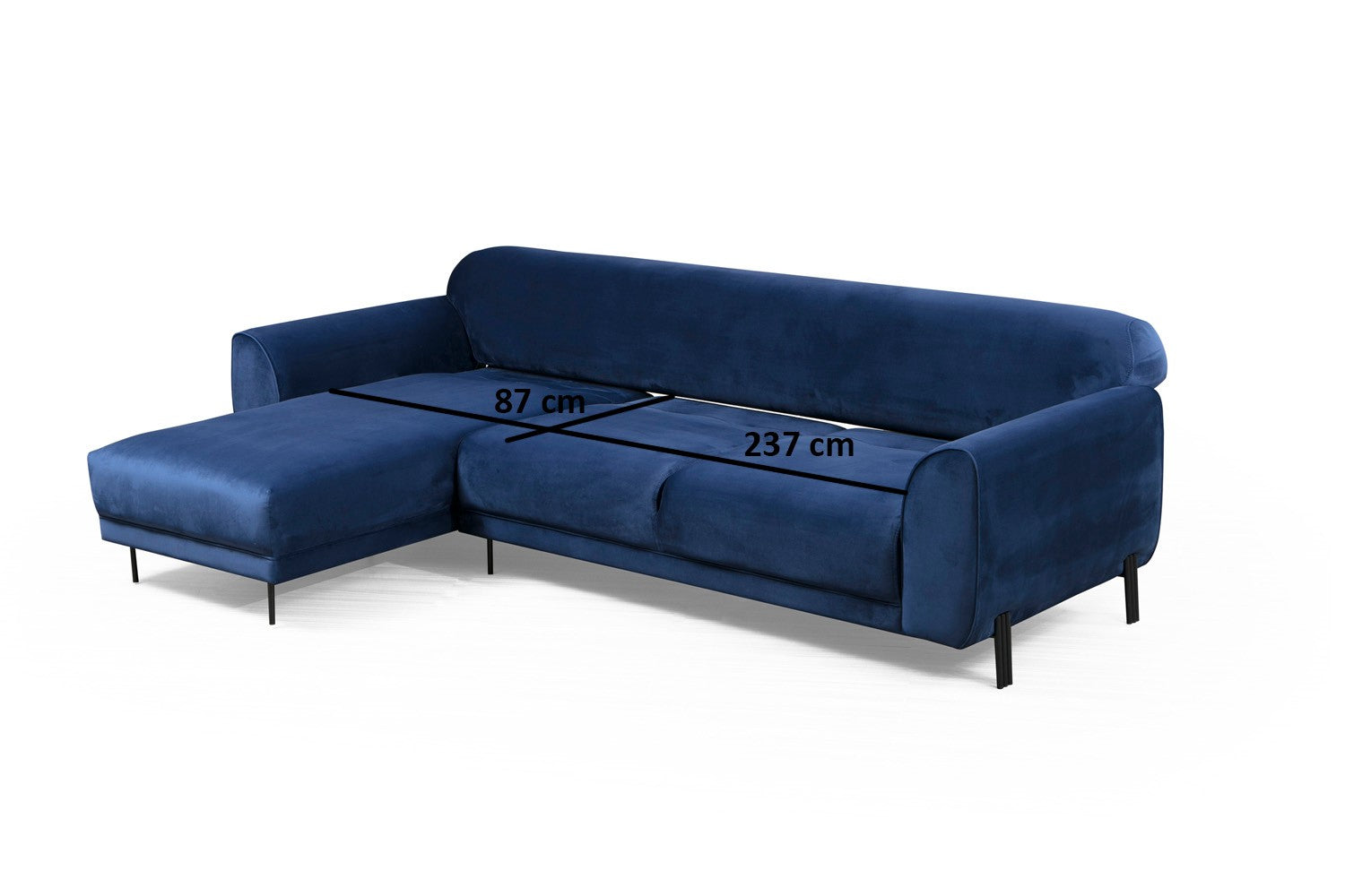 Sofá-cama de canto elegante em azul-marinho, estrutura de madeira de faia e aglomerado, 287 x 169 cm | 100% poliéster, espuma de mola de 10 cm, design industrial moderno