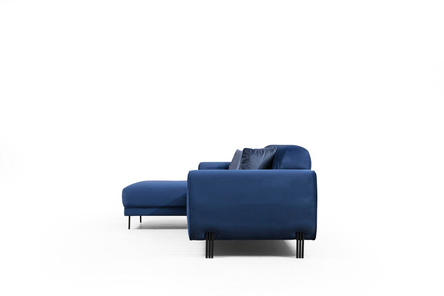 Sofá-cama de canto elegante em azul-marinho, estrutura de madeira de faia e aglomerado, 287 x 169 cm | 100% poliéster, espuma de mola de 10 cm, design industrial moderno