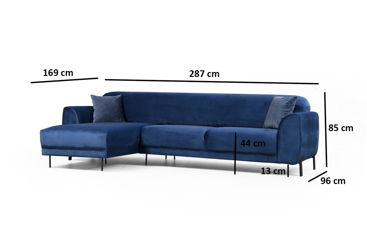 Sofá-cama de canto elegante em azul-marinho, estrutura de madeira de faia e aglomerado, 287 x 169 cm | 100% poliéster, espuma de mola de 10 cm, design industrial moderno