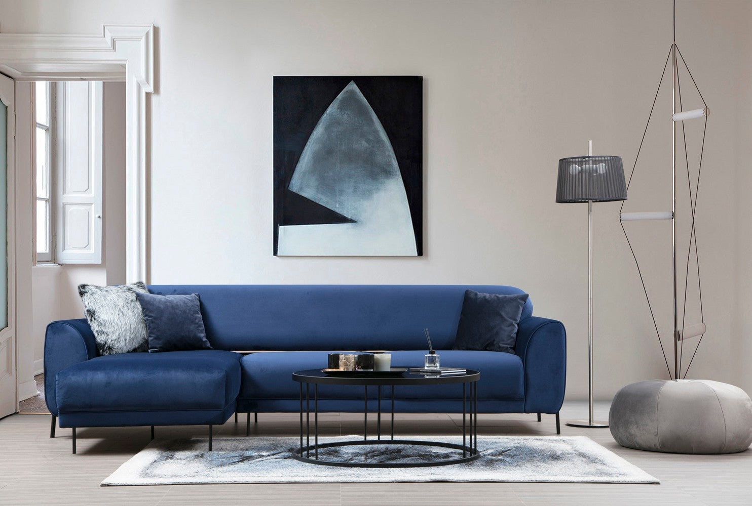 Sofá-cama de canto elegante em azul-marinho, estrutura de madeira de faia e aglomerado, 287 x 169 cm | 100% poliéster, espuma de mola de 10 cm, design industrial moderno