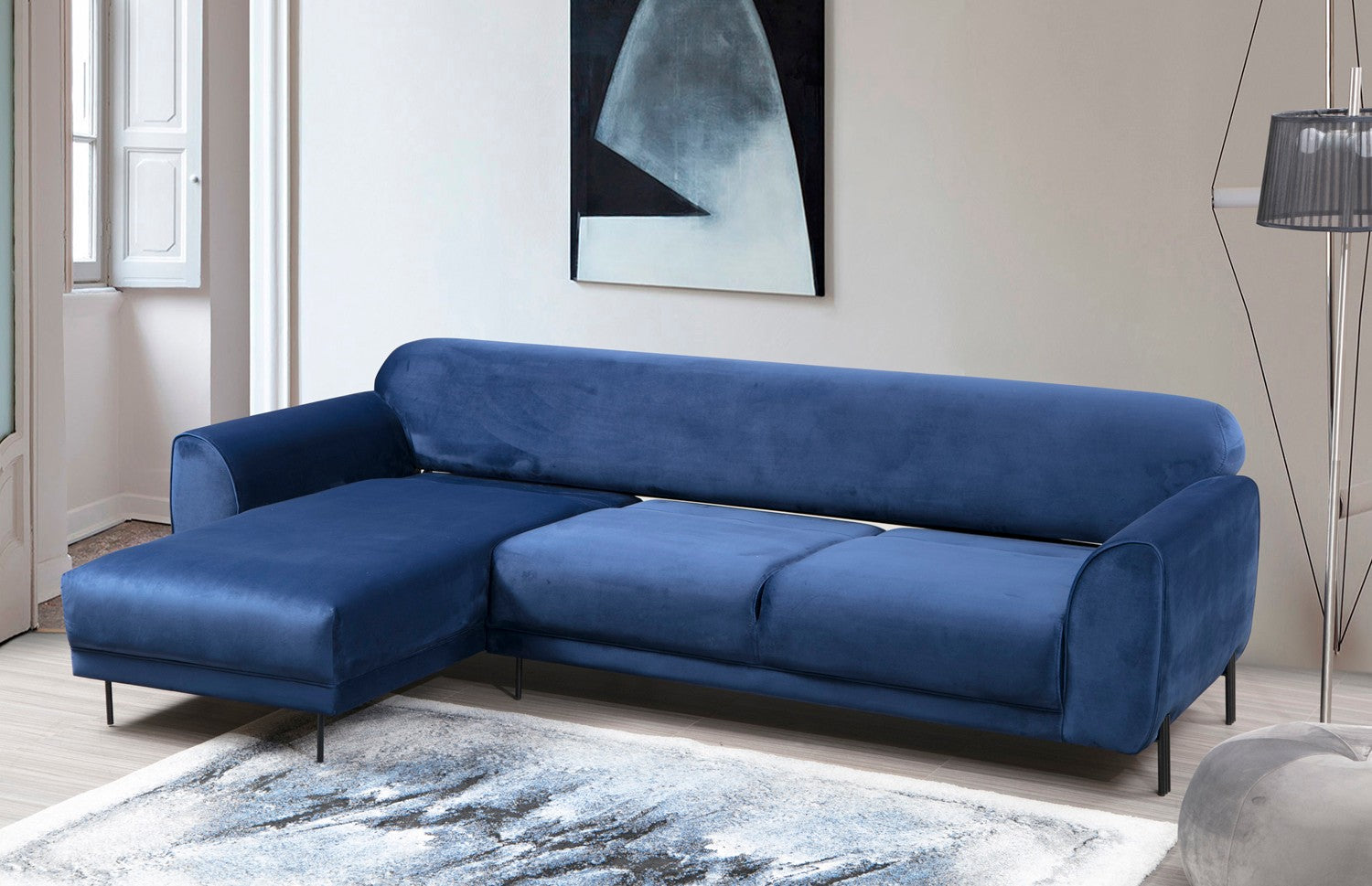 Sofá-cama de canto elegante em azul-marinho, estrutura de madeira de faia e aglomerado, 287 x 169 cm | 100% poliéster, espuma de mola de 10 cm, design industrial moderno