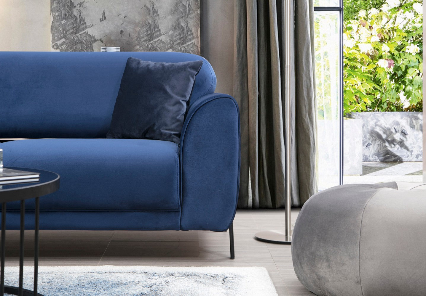 Sofá-cama de canto elegante em azul-marinho, estrutura de madeira de faia e aglomerado, 287 x 169 cm | 100% poliéster, espuma de mola de 10 cm, design industrial moderno