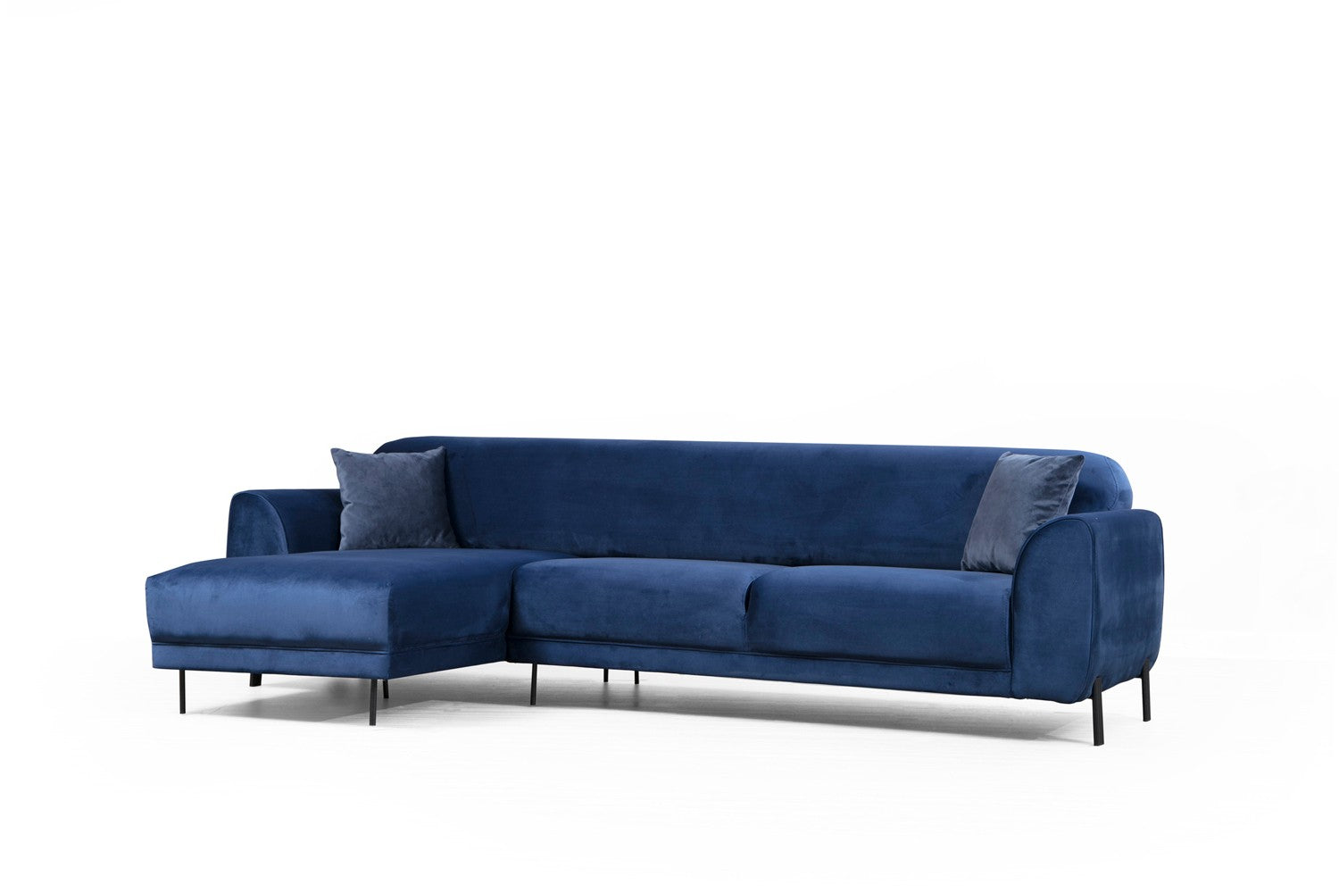 Sofá-cama de canto elegante em azul-marinho, estrutura de madeira de faia e aglomerado, 287 x 169 cm | 100% poliéster, espuma de mola de 10 cm, design industrial moderno