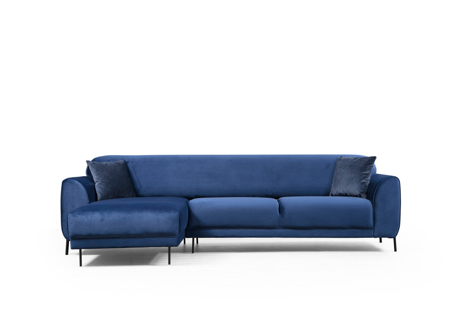 Sofá-cama de canto elegante em azul-marinho, estrutura de madeira de faia e aglomerado, 287 x 169 cm | 100% poliéster, espuma de mola de 10 cm, design industrial moderno