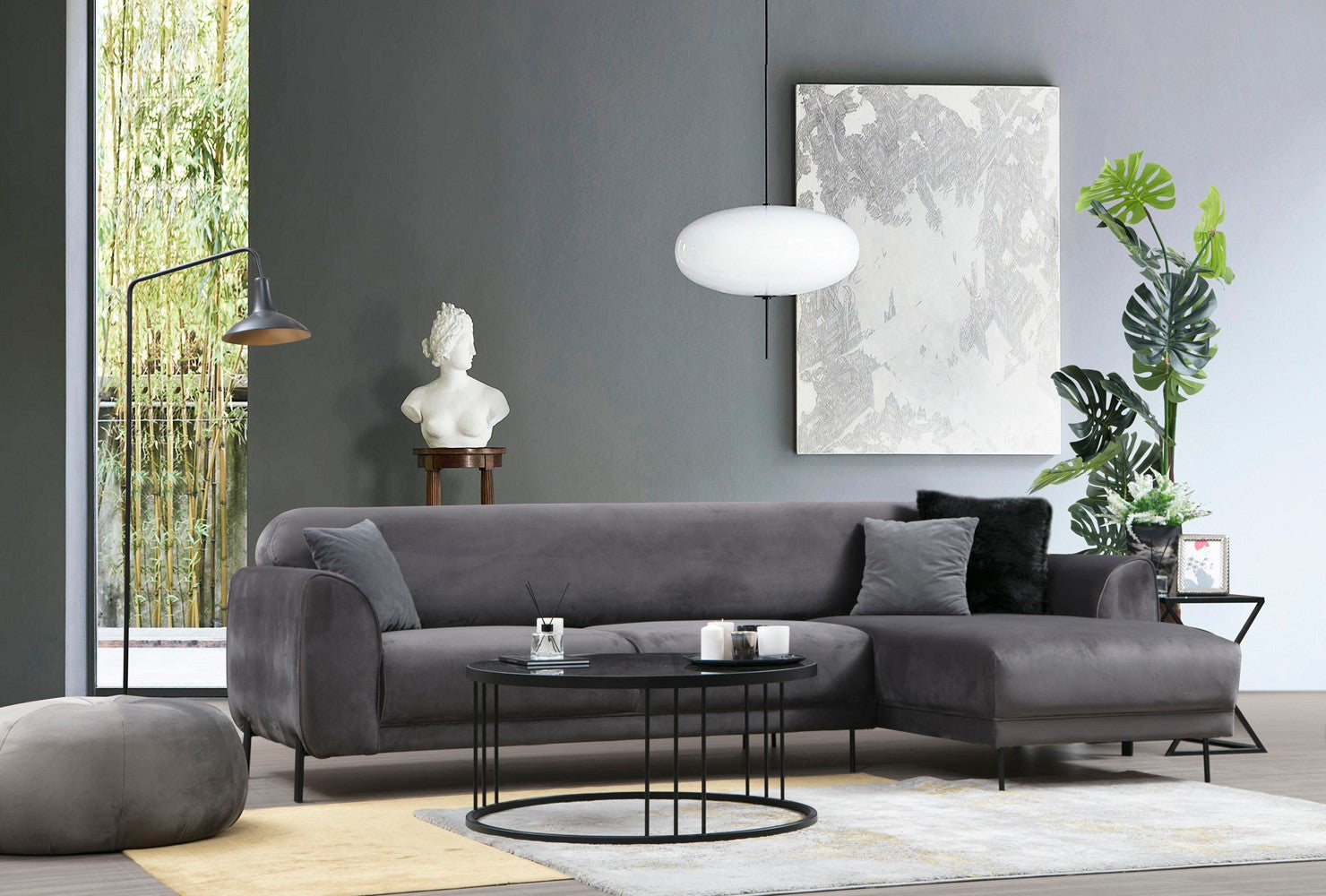 Sofá-cama de canto elegante, antracite, 287 x 169 cm | Estrutura em madeira de faia e aglomerado, 100% poliéster, espuma de mola de 10 cm | Design industrial moderno, perfeito para espaços de convivência