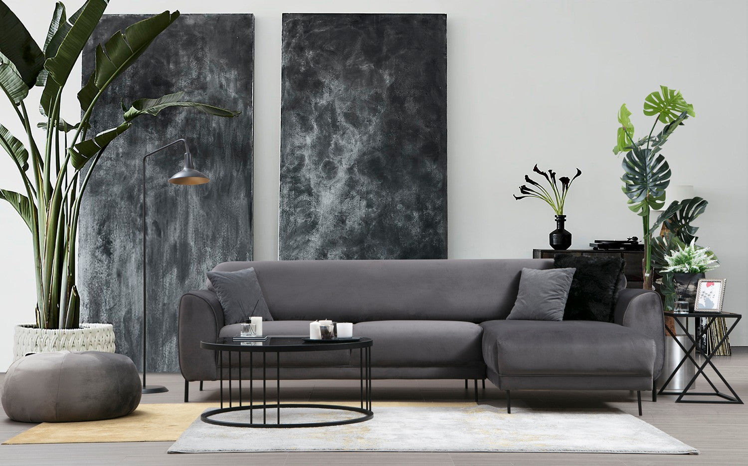 Sofá-cama de canto elegante, antracite, 287 x 169 cm | Estrutura em madeira de faia e aglomerado, 100% poliéster, espuma de mola de 10 cm | Design industrial moderno, perfeito para espaços de convivência