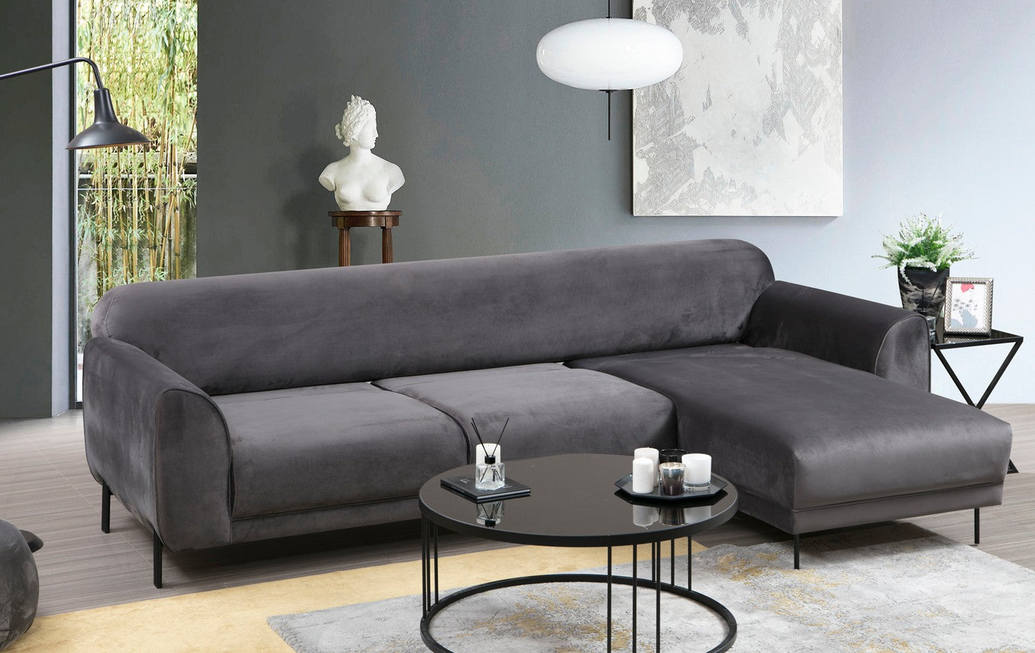 Sofá-cama de canto elegante, antracite, 287 x 169 cm | Estrutura em madeira de faia e aglomerado, 100% poliéster, espuma de mola de 10 cm | Design industrial moderno, perfeito para espaços de convivência