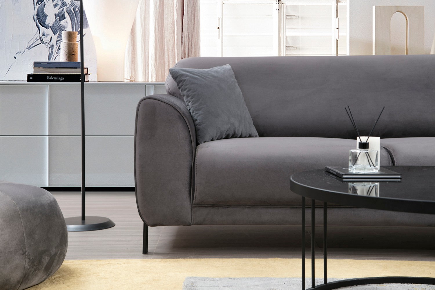 Sofá-cama de canto elegante, antracite, 287 x 169 cm | Estrutura em madeira de faia e aglomerado, 100% poliéster, espuma de mola de 10 cm | Design industrial moderno, perfeito para espaços de convivência