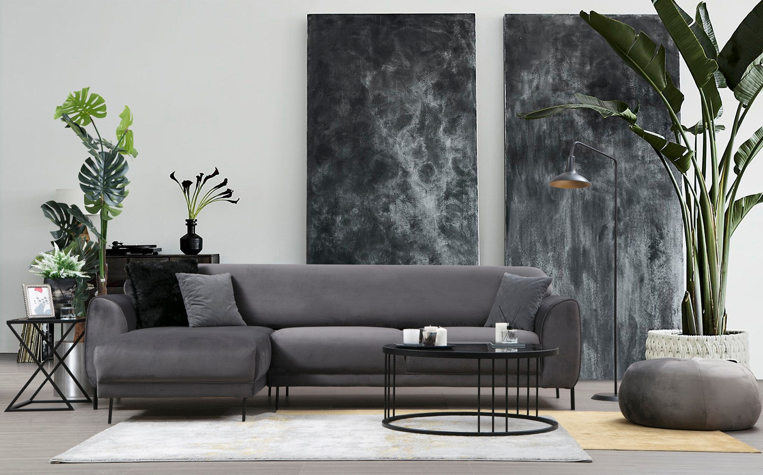 Sofá-cama de canto elegante, antracite, 287 x 169 cm | Estrutura em madeira de faia e aglomerado, 100% poliéster, espuma de mola de 10 cm | Design industrial moderno, perfeito para espaços de convivência