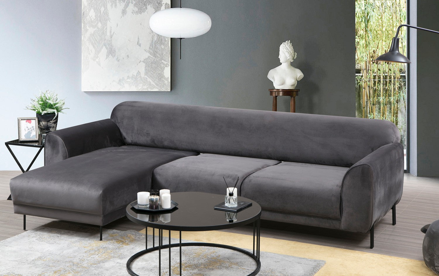 Sofá-cama de canto elegante, antracite, 287 x 169 cm | Estrutura em madeira de faia e aglomerado, 100% poliéster, espuma de mola de 10 cm | Design industrial moderno, perfeito para espaços de convivência