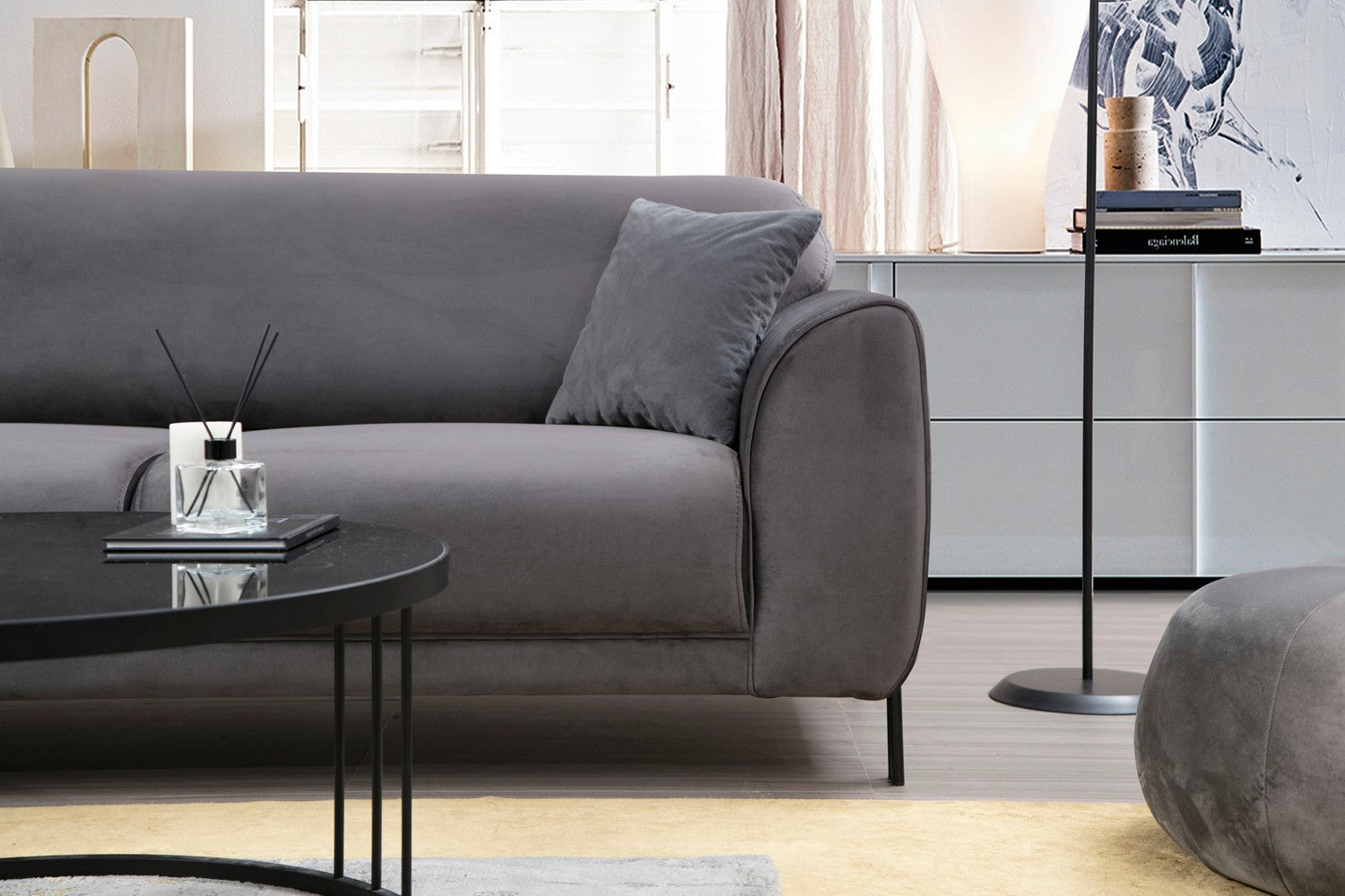 Sofá-cama de canto elegante, antracite, 287 x 169 cm | Estrutura em madeira de faia e aglomerado, 100% poliéster, espuma de mola de 10 cm | Design industrial moderno, perfeito para espaços de convivência