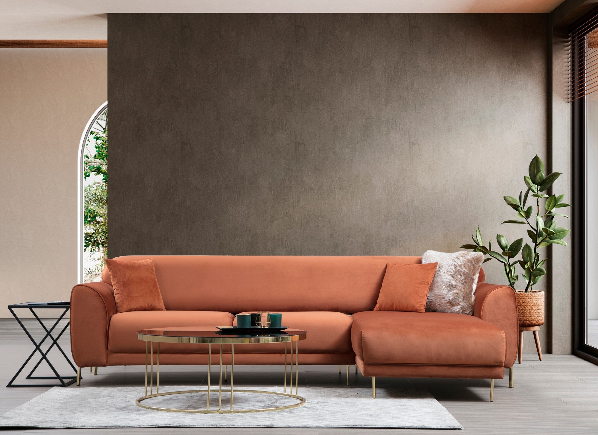 Sofá-cama de canto Cinnamon, estrutura de madeira de faia e aglomerado, 287 x 169 cm | 100% poliéster, pernas de metal dourado, elegante e funcional para espaços modernos