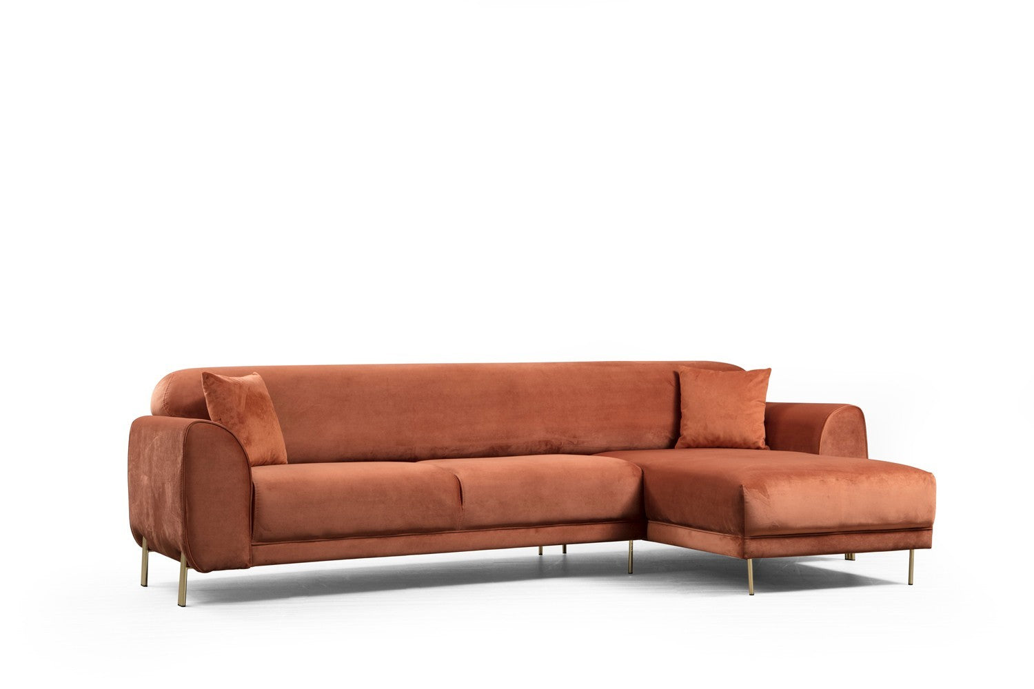 Sofá-cama de canto Cinnamon, estrutura de madeira de faia e aglomerado, 287 x 169 cm | 100% poliéster, pernas de metal dourado, elegante e funcional para espaços modernos