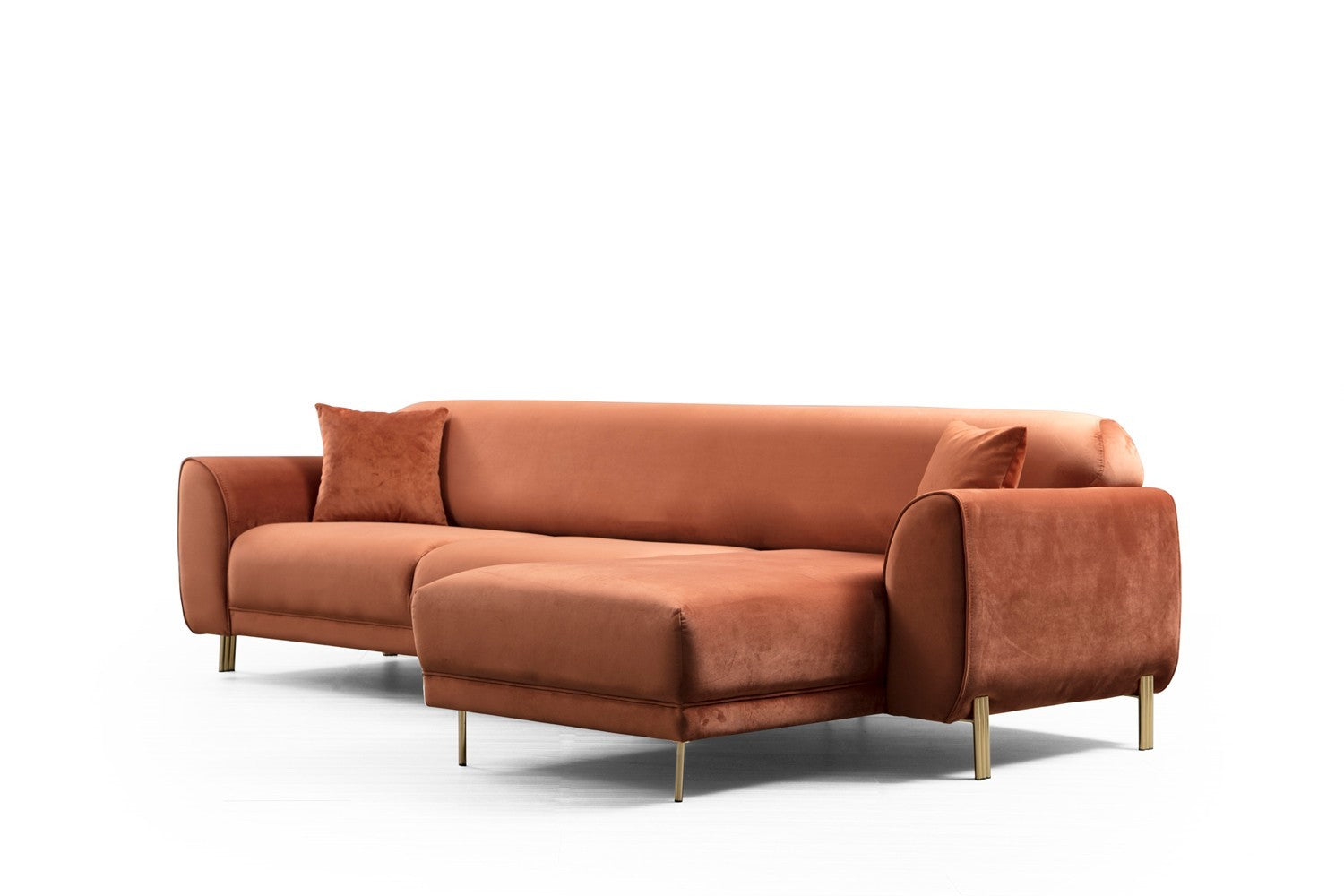 Sofá-cama de canto Cinnamon, estrutura de madeira de faia e aglomerado, 287 x 169 cm | 100% poliéster, pernas de metal dourado, elegante e funcional para espaços modernos