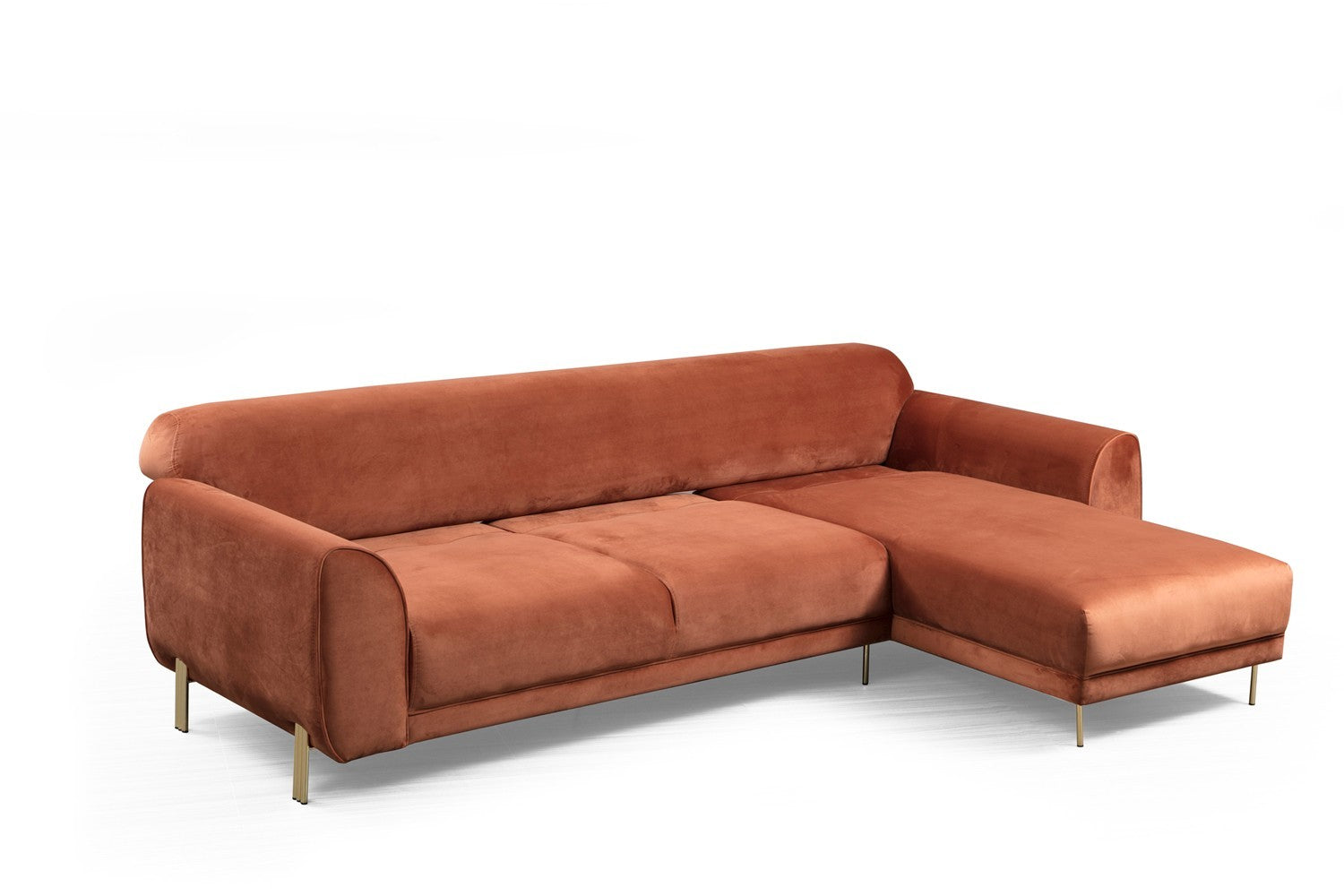 Sofá-cama de canto Cinnamon, estrutura de madeira de faia e aglomerado, 287 x 169 cm | 100% poliéster, pernas de metal dourado, elegante e funcional para espaços modernos