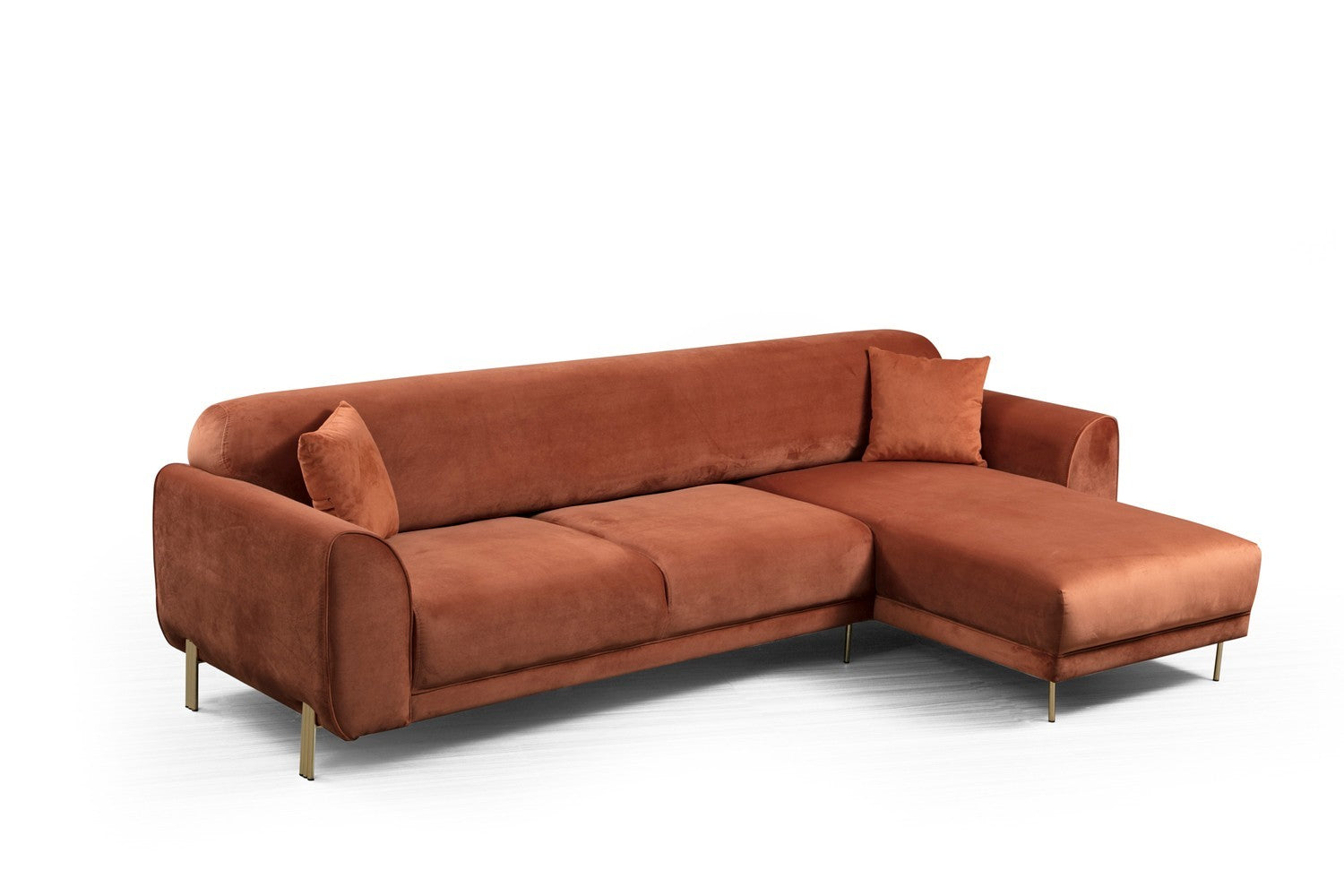 Sofá-cama de canto Cinnamon, estrutura de madeira de faia e aglomerado, 287 x 169 cm | 100% poliéster, pernas de metal dourado, elegante e funcional para espaços modernos