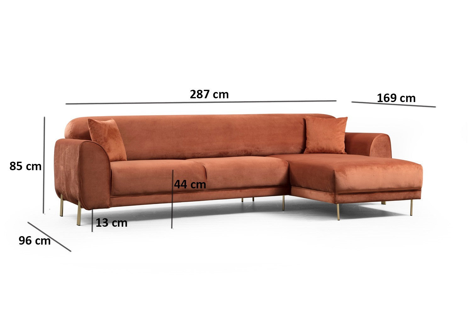 Sofá-cama de canto Cinnamon, estrutura de madeira de faia e aglomerado, 287 x 169 cm | 100% poliéster, pernas de metal dourado, elegante e funcional para espaços modernos