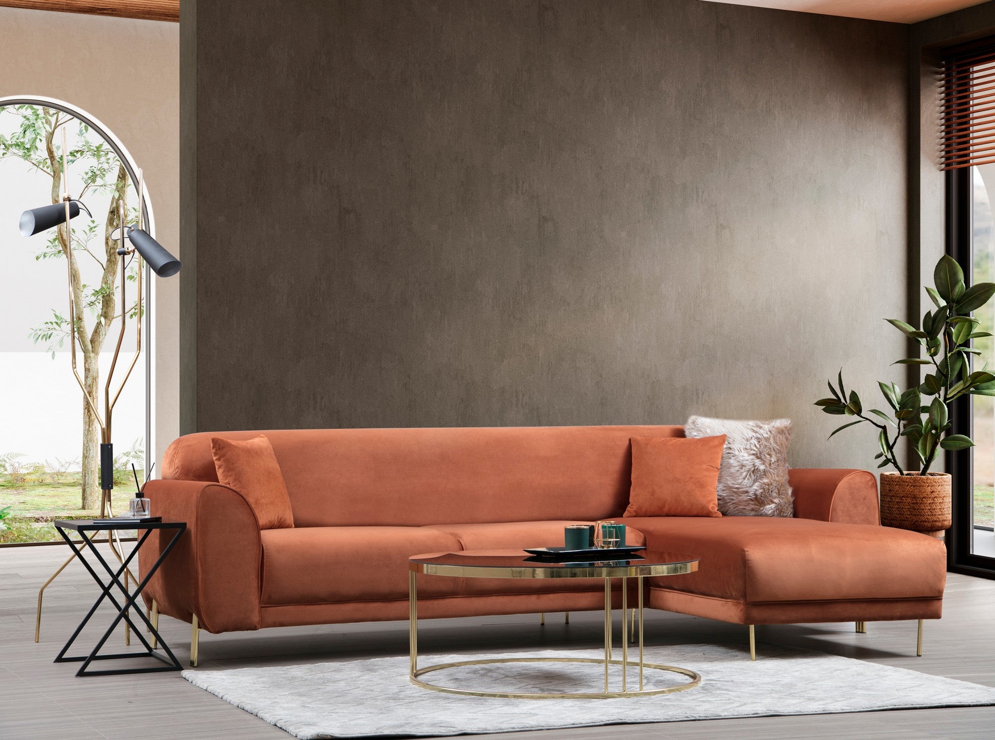 Sofá-cama de canto Cinnamon, estrutura de madeira de faia e aglomerado, 287 x 169 cm | 100% poliéster, pernas de metal dourado, elegante e funcional para espaços modernos