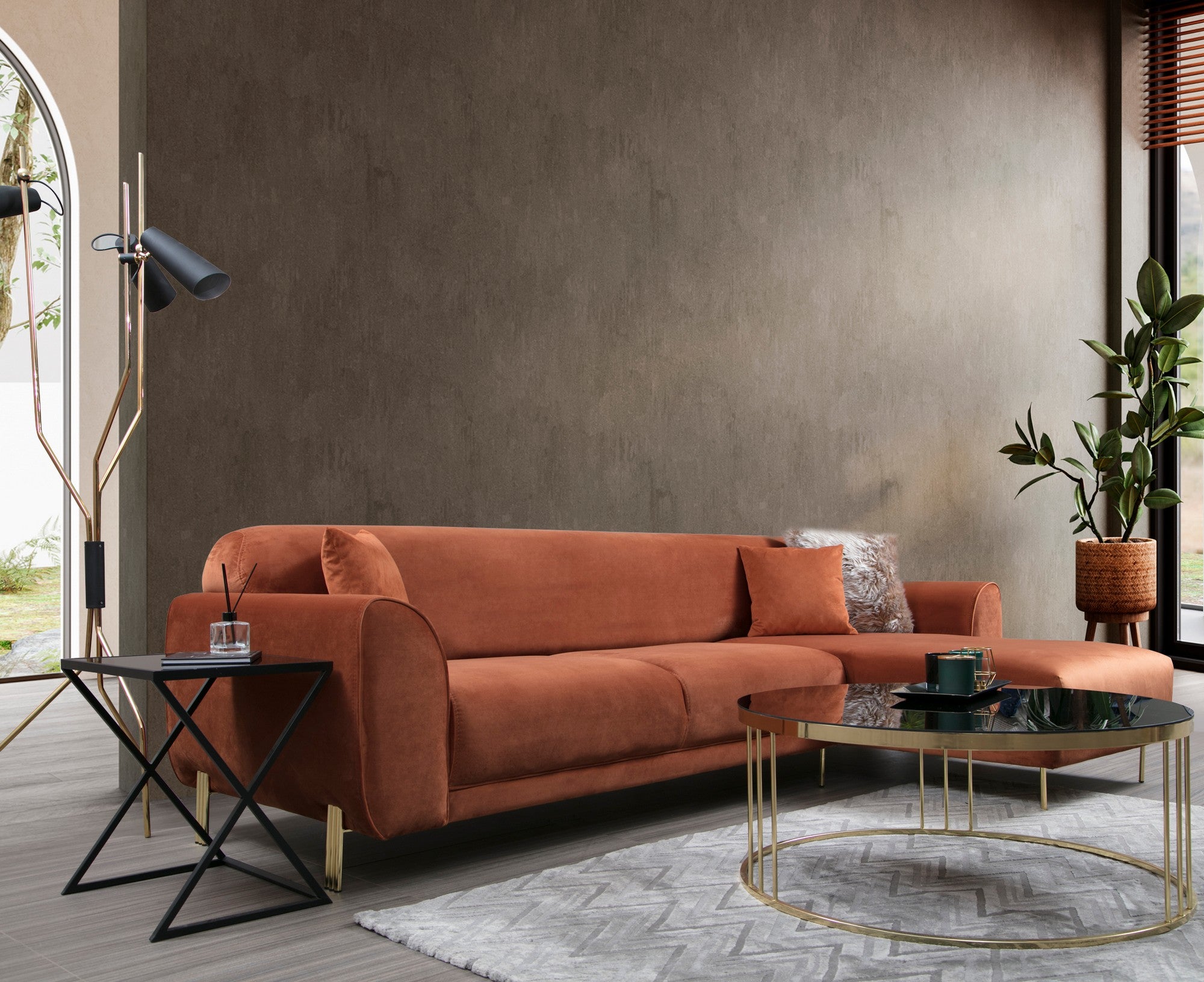 Sofá-cama de canto Cinnamon, estrutura de madeira de faia e aglomerado, 287 x 169 cm | 100% poliéster, pernas de metal dourado, elegante e funcional para espaços modernos