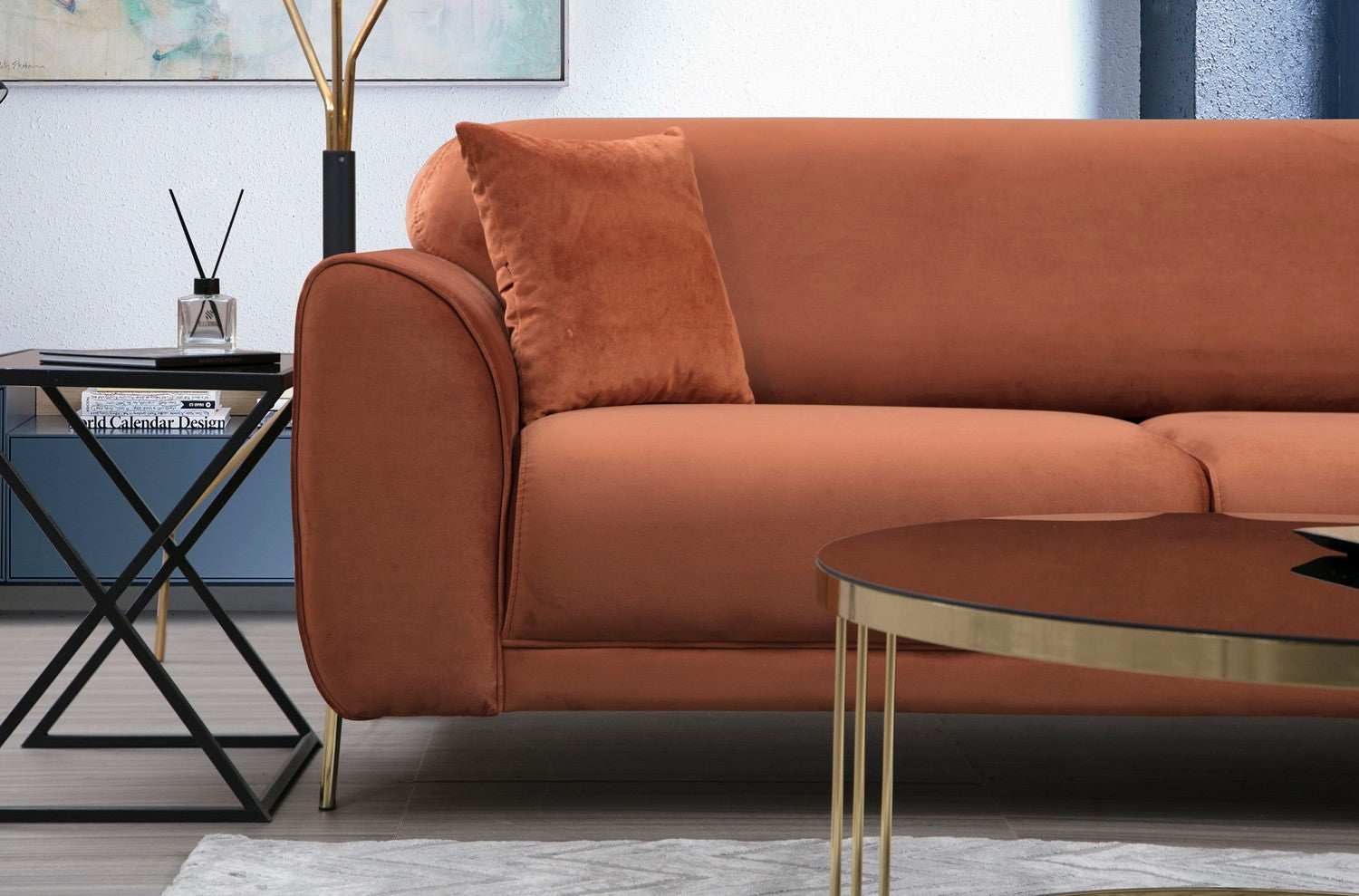 Sofá-cama de canto Cinnamon, estrutura de madeira de faia e aglomerado, 287 x 169 cm | 100% poliéster, pernas de metal dourado, elegante e funcional para espaços modernos
