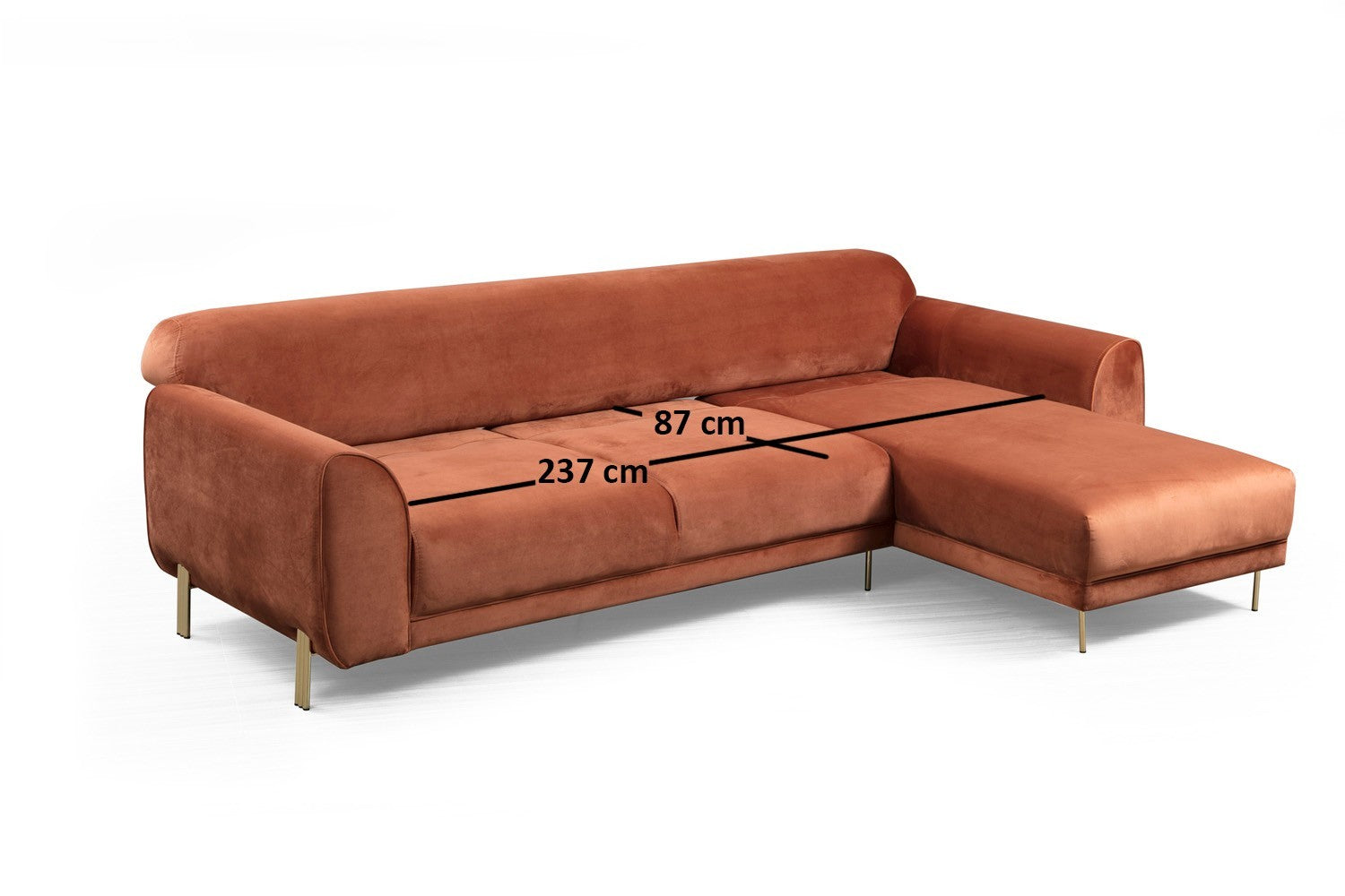 Sofá-cama de canto Cinnamon, estrutura de madeira de faia e aglomerado, 287 x 169 cm | 100% poliéster, pernas de metal dourado, elegante e funcional para espaços modernos