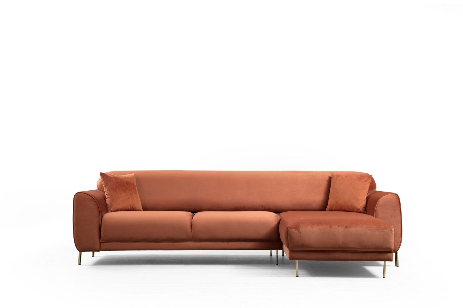 Sofá-cama de canto Cinnamon, estrutura de madeira de faia e aglomerado, 287 x 169 cm | 100% poliéster, pernas de metal dourado, elegante e funcional para espaços modernos
