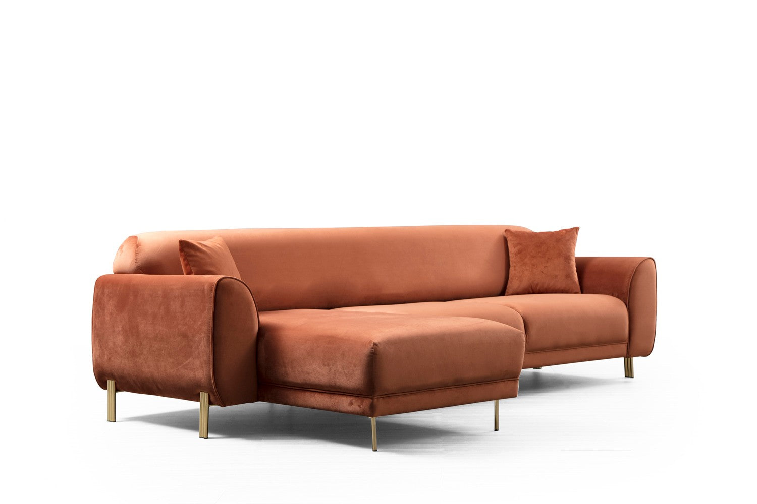 Sofá-cama de canto Cinnamon, estrutura de madeira de faia e aglomerado, 287 x 169 cm | 100% poliéster, pernas de metal dourado, elegante e funcional para espaços modernos