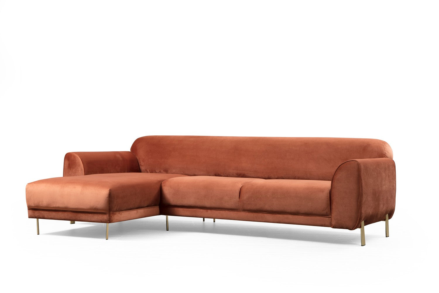 Sofá-cama de canto Cinnamon, estrutura de madeira de faia e aglomerado, 287 x 169 cm | 100% poliéster, pernas de metal dourado, elegante e funcional para espaços modernos