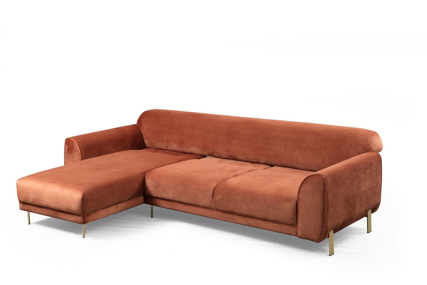 Sofá-cama de canto Cinnamon, estrutura de madeira de faia e aglomerado, 287 x 169 cm | 100% poliéster, pernas de metal dourado, elegante e funcional para espaços modernos