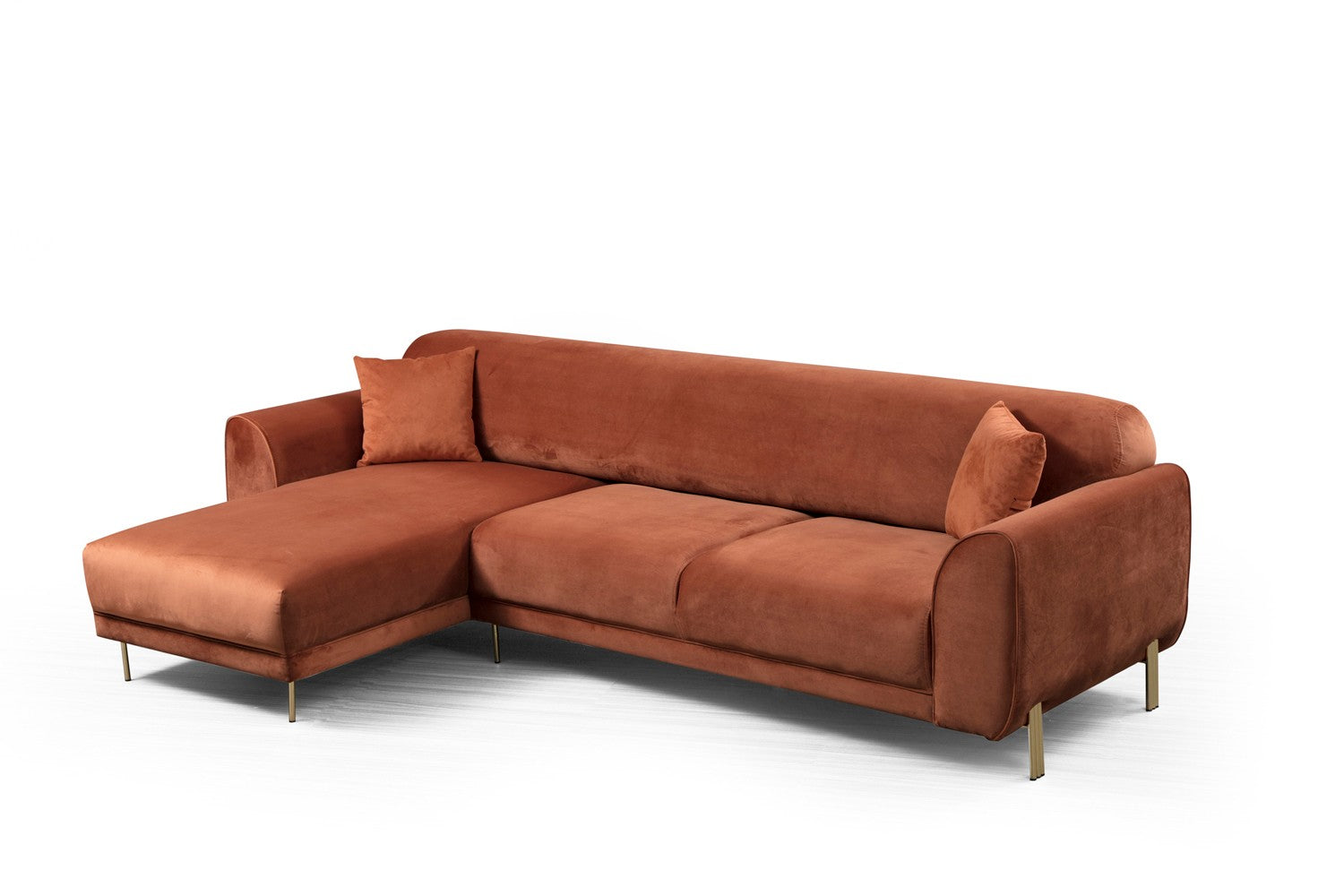 Sofá-cama de canto Cinnamon, estrutura de madeira de faia e aglomerado, 287 x 169 cm | 100% poliéster, pernas de metal dourado, elegante e funcional para espaços modernos