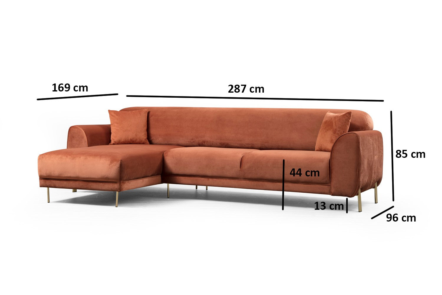 Sofá-cama de canto Cinnamon, estrutura de madeira de faia e aglomerado, 287 x 169 cm | 100% poliéster, pernas de metal dourado, elegante e funcional para espaços modernos