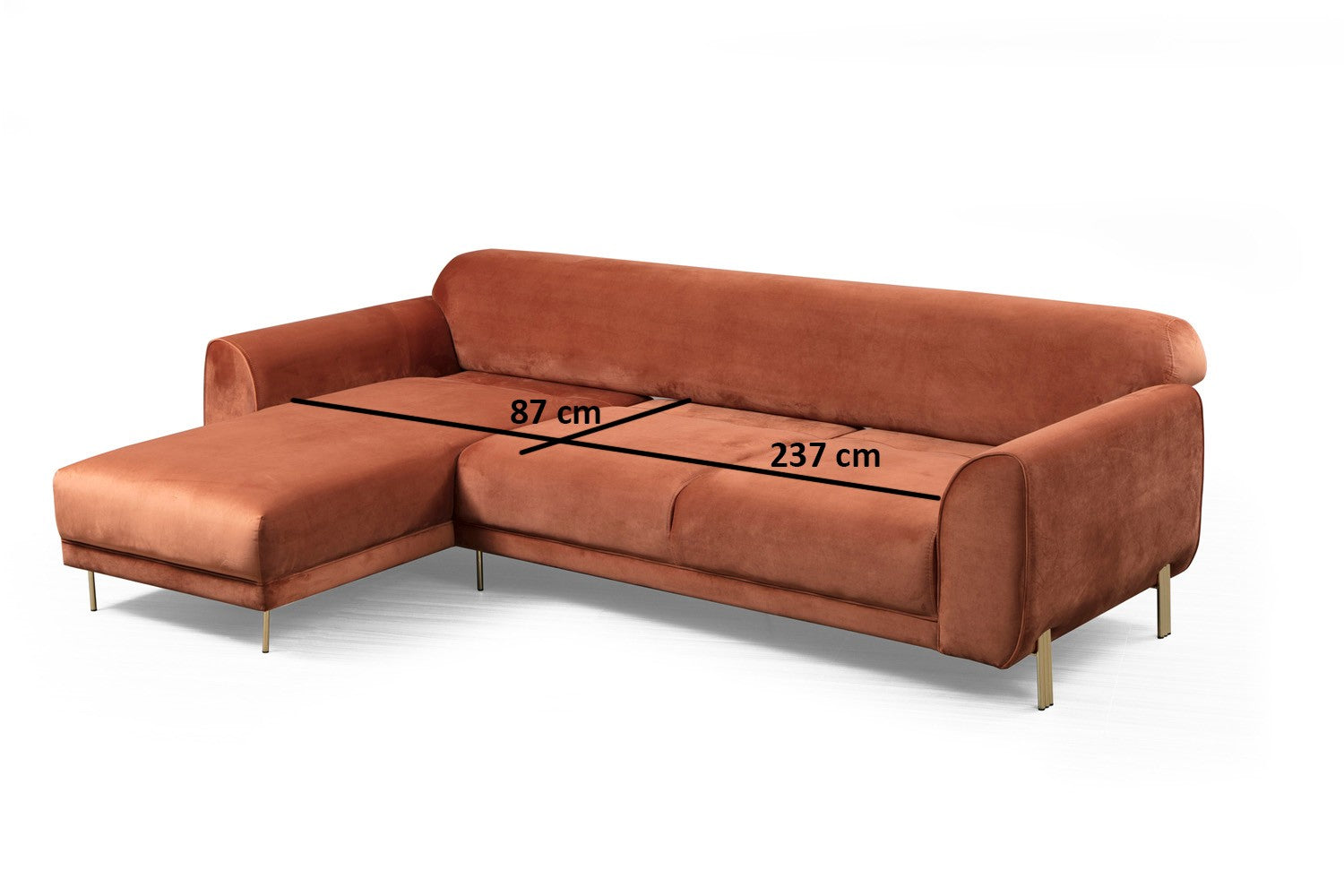 Sofá-cama de canto Cinnamon, estrutura de madeira de faia e aglomerado, 287 x 169 cm | 100% poliéster, pernas de metal dourado, elegante e funcional para espaços modernos